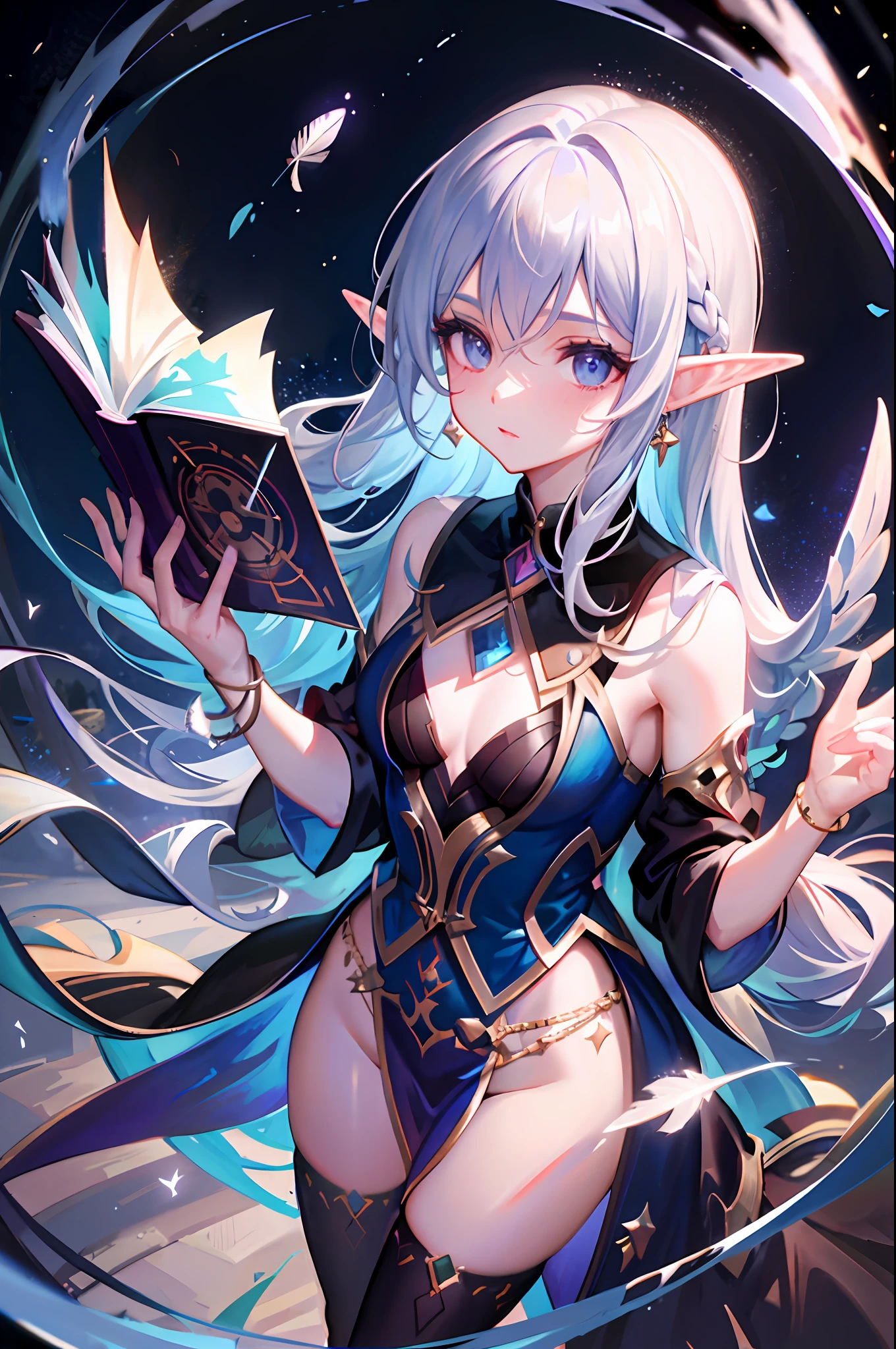 (Masterpiece, excellent picture quality, delicate CG, beautiful eye details, ultra-detailed, complex details: 1.1), 8k wallpaper, exquisite facial features, (1girl, solo: 1.4), long hair, striped hair, (elf, aura: 1.3), exquisite eyes, glowing eyes, earrings, panties, anklets, chest, necklace, magic wand, (purple flame: 1.3, feathers, (magic circle, magic ball: 1.3), (flying paper in the air: 1.4) , magic circle, spell, night, darkness, (prismatic hair, 1.4) starry background, (colorful splash: 1.3), splash art, real lighting, cool magic special effects, high saturation, extreme color, (white particles that are illuminated Surround the whole body: 1.3)