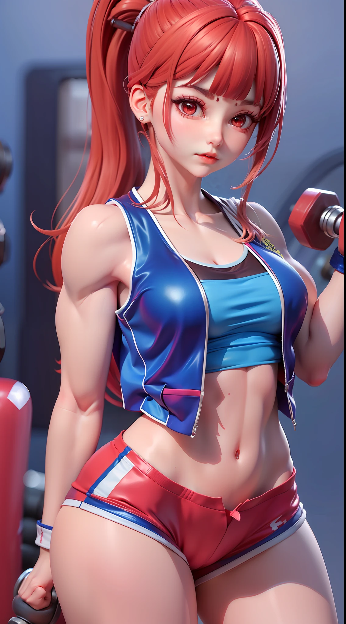 Masterpiece: 1.2, best quality), realistic, (real picture, rich details details, depth of field), (1girl, solo), makeup, cleft lip, high detail, perfect face shape, (small breasts: 1.4), (skindentation), thick thighs, Wide hips, thin waist, tall, red, red lips, red eyes, ponytail, bangs, ((((girl with dumbbells, blue vest gym suit, red shorts)))), sexy, blush