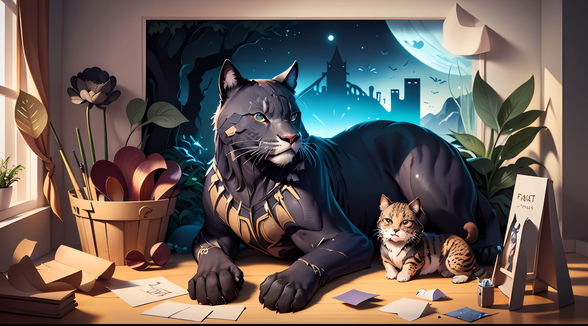 ((masterpiece)))), bestquality, illustration, beautifuldetailedglow, paper_cut, wallpaper,animal black panther
