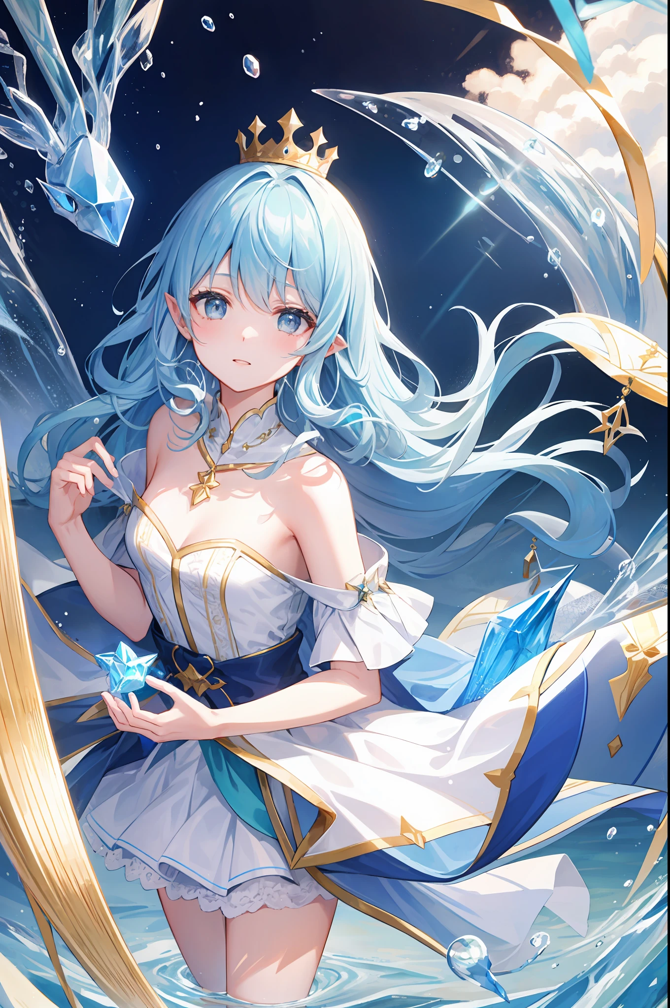 The crown woven with golden silk thread is worn in the ice blue hair, pointy ears, young girl, good face, blue crystal pendant necklace, full white chest, water blue long skirt, exquisite and gorgeous, The skirt has small pendants in the shape of water droplets made of various gemstones, illustration, masterpiece, fantasy, blue flowers, lakeside, movie lens, strong light and shadow