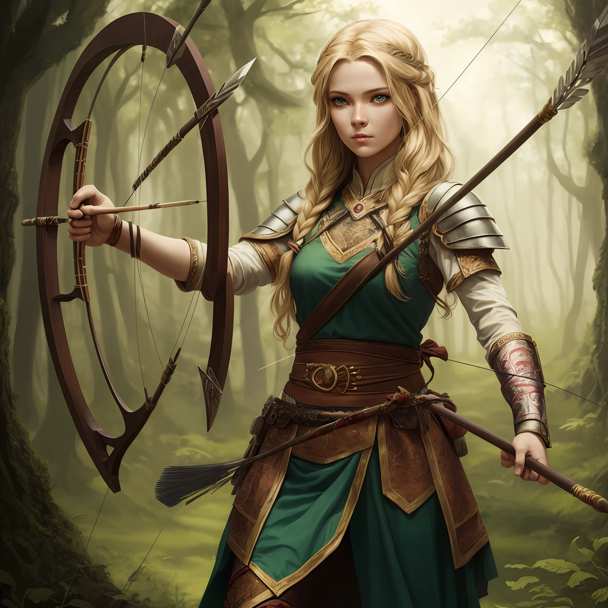 Illustration of an archer warrior princess, with bow and arrow, 8k of a beautiful blonde hair, elegant clothes, highly detailed, majestic, digital photography, wistful art art, grimm wood ,surreal painting , masterpiece , side lighting, beautiful green eyes indirectly detailed: 1.2 ), hdr, --auto