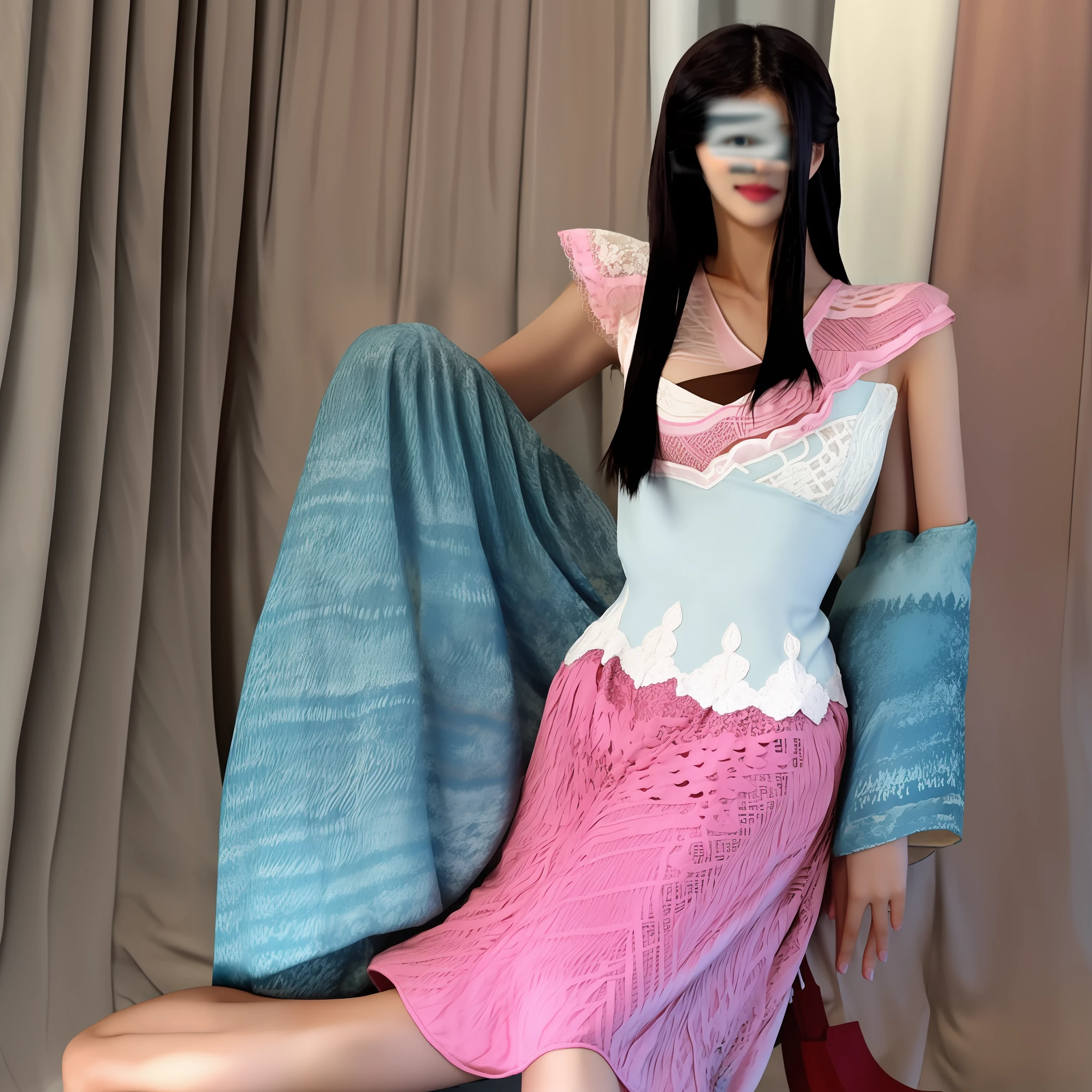(a Korean girl),(white long hair),(wearing a pink dress),(ocean blue eyes),(busty)