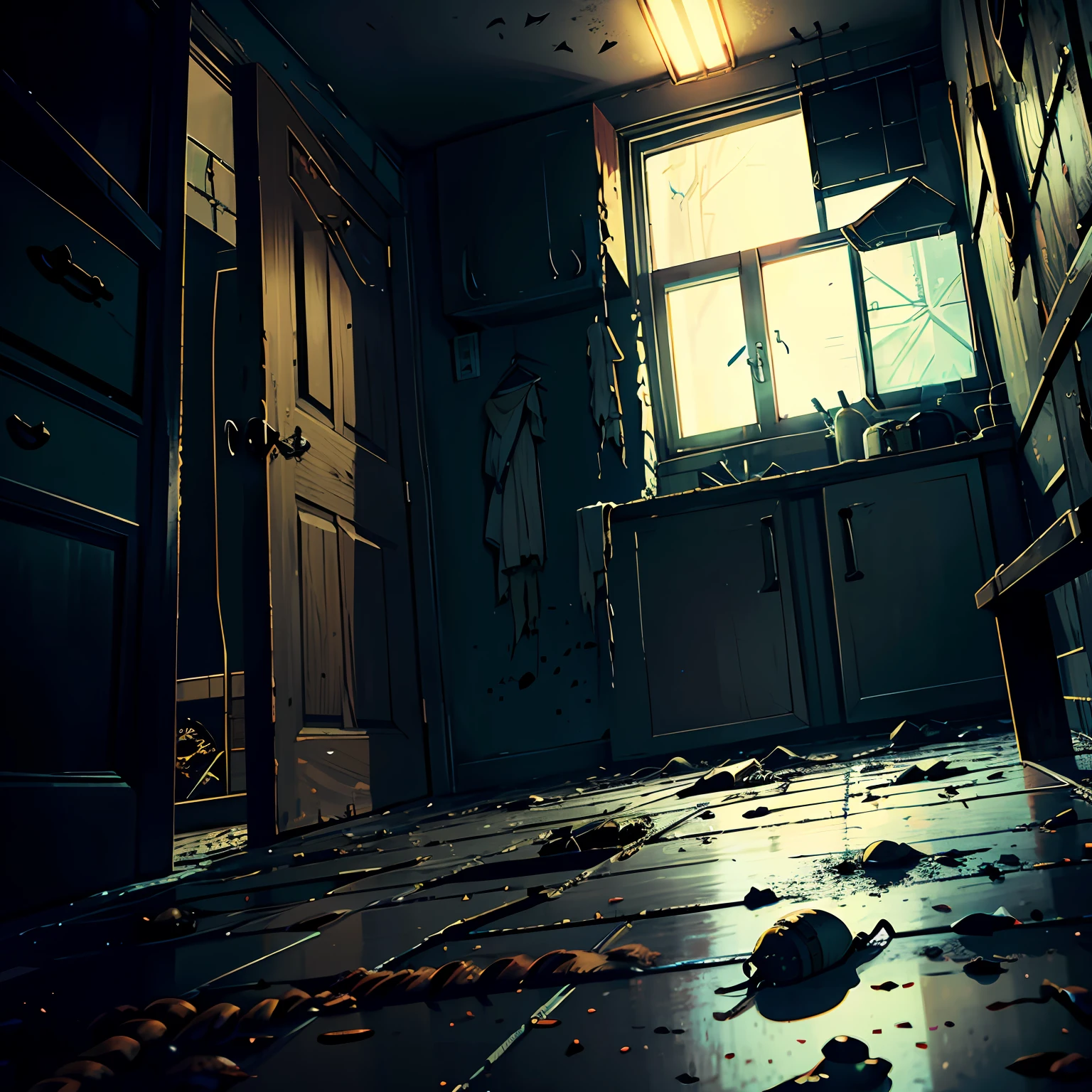 (high resolution, photorealistic, best quality, photorealistic), (8k, raw photo, best quality, masterplece), (photon mapping, radiosity, physically-based rendering, automatic white balance), garage with blue walls, brown floor, falling wooden window, white lamp, with screwdrivers, dirty cloths, pliers, screws and nails all scattered on the floor, floor with car oil,  Stains of dirt, very dirty and messy. --auto