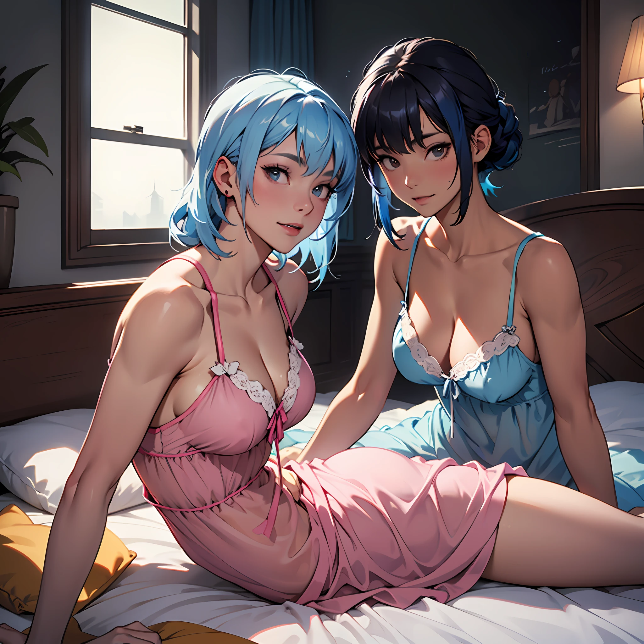 Lying on a bed sitting in the right corner looking at the camera with her friend lying behind even more satisfied and exhausted a girl with a face of who was satisfied in a panting way smoked a cigarette, you could see her whole body and she wore a wide transparent pink nightgown with the same shade throughout the nightgown her breasts were large and her body had the white skin of blue hair the nightgown It was very thin and transparent being the whole nightgown of the same shade, having her hair the color red