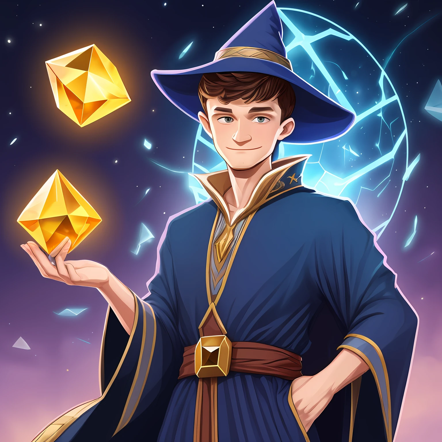 digital cartoon, Ethereum founder, Vitalik Buterin as a wizard, wizard robe, wizard hat, magic field shine around him, Vitalik holds a bright gem stone, gem stone in Ethereum icon shape. mystic, epic, legendary vibes --auto