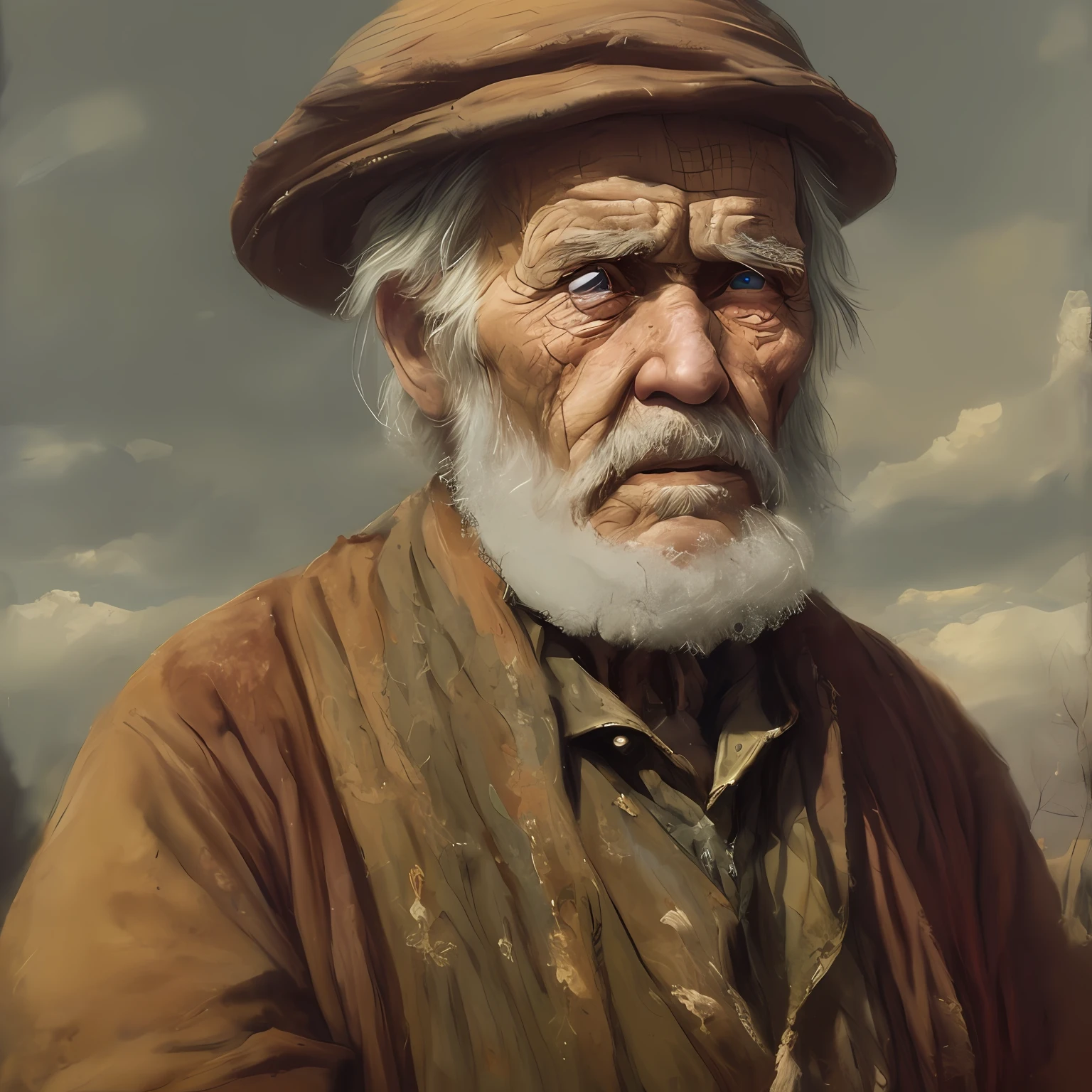 A portrait of the poor old 1800s Russian worker in rags, ((overwhelming fatigue)), 3D age wrinkles, concept art, pastel oil painting, grumpy gray colors, glaring, messy stylestyle of Alexey Savrasov, Ivan Shishkin, Ilya Repin, (cel shaded:1.2), 2d, (oil painting:1.2) highly detailed