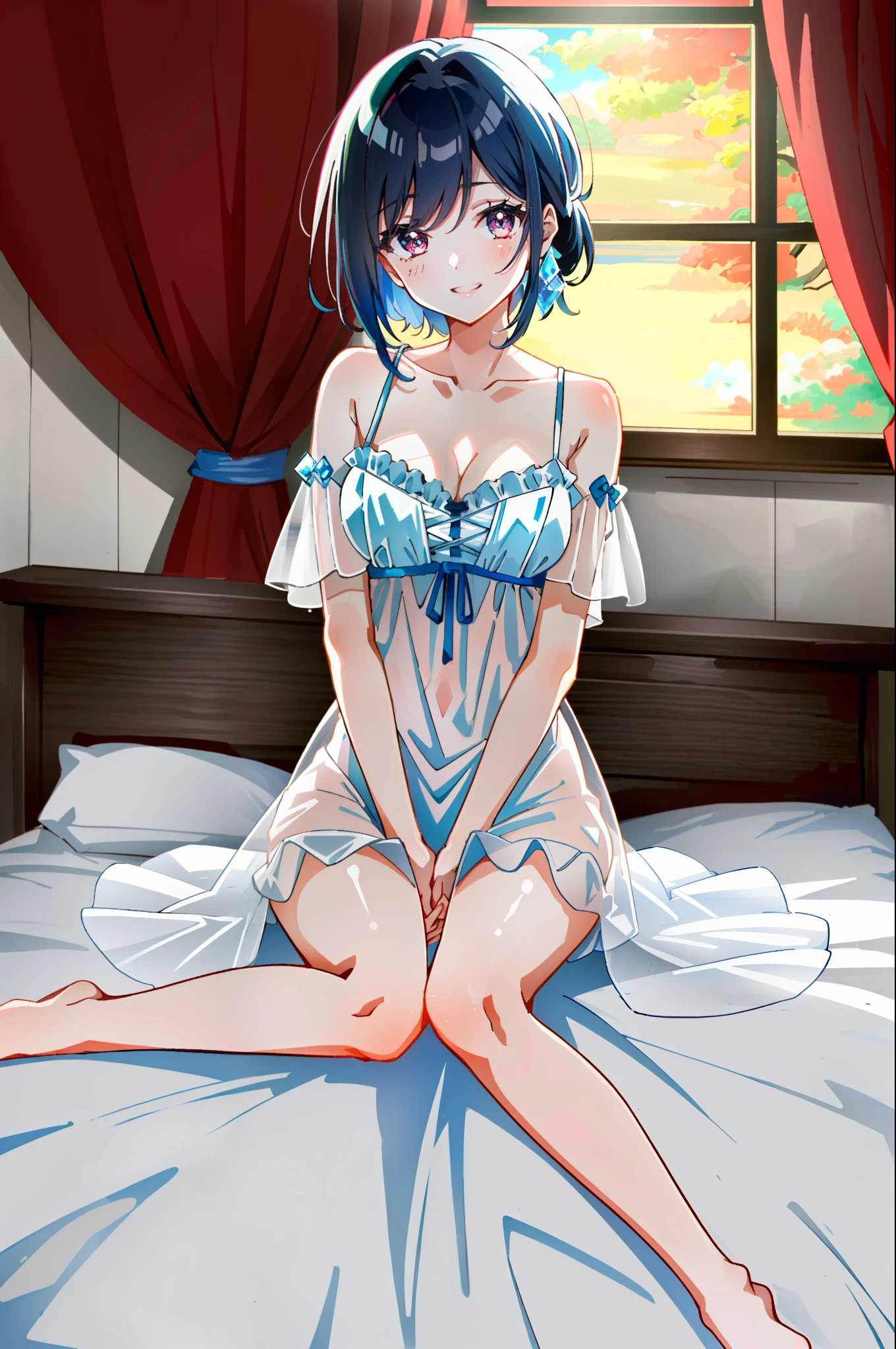((4k, masterpiece, top quality, super detail, perfect anatomy)), one girl, cute, anime, princess room, crystal clear white skin, asian girl, full body, 14 years old, hair color is pink, crazy smile, eyes are red, hands behind the head, sitting on the bed, negligee, see-through, high contrast