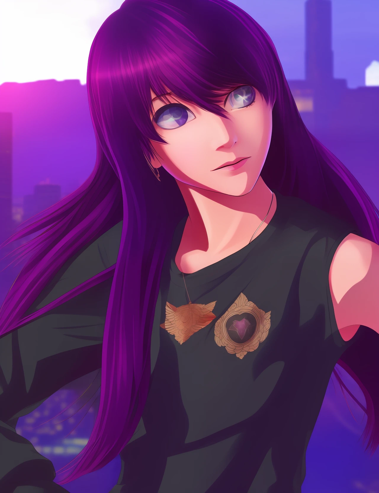 gta v style of Hoshino Ai, long hair, purple hair, streaked hair ,purple eyes, star-shaped pupils, hair ornament,