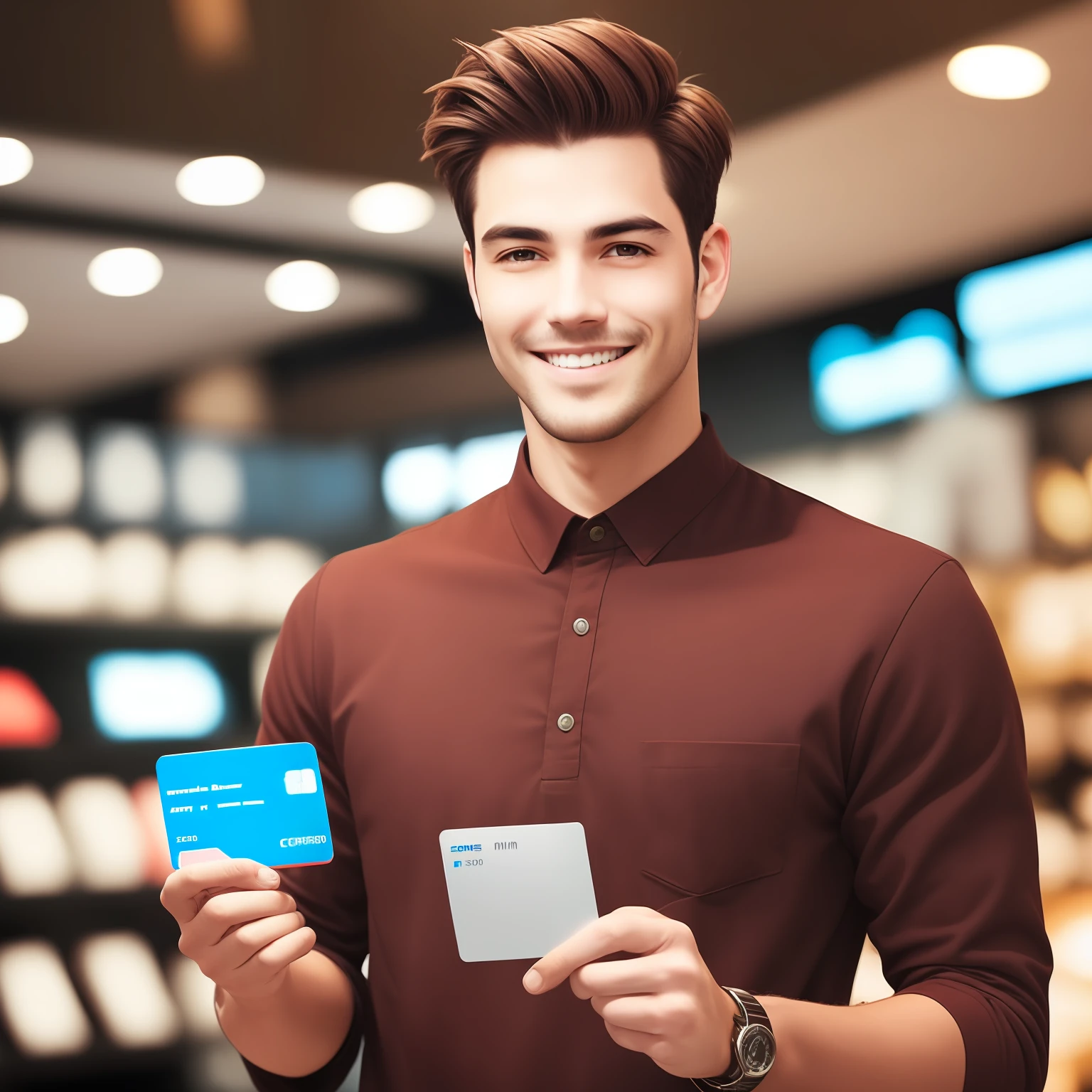 image of a man with short hair, dark brown, social clothes, smiling, holding a credit card in red. --auto