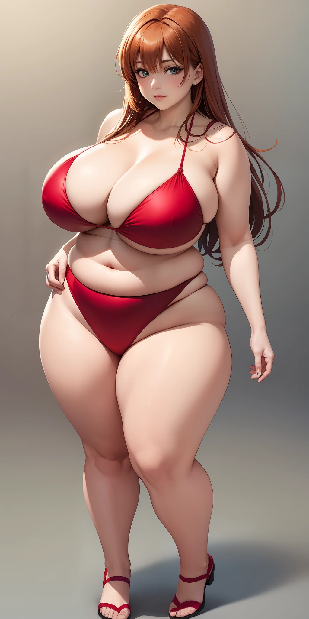 Full body portrait photo of anime bbw girl in red bikini with long hair and big breasts, very fat curvy body, wide waist and wide hips, rounded and beautiful face, very similar portrait of Asuka Langley Soryu, Asuka Langley, female anime character, beautiful girl from Evangelion, style of Junji Ito, Asuka from Evangelion,  Cel shaded anime