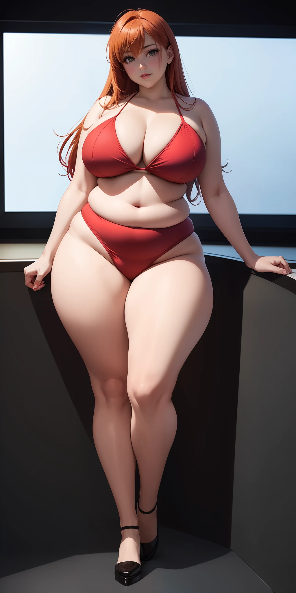 Full body portrait photo of anime bbw girl in red bikini with long hair and big breasts, very fat curvy body, wide waist and wide hips, rounded and beautiful face, very similar portrait of Asuka Langley Soryu, Asuka Langley, female anime character, beautiful girl from Evangelion, style of Junji Ito, Asuka from Evangelion,  Cel shaded anime