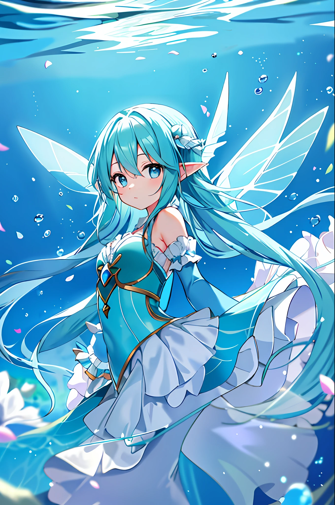 (aqua theme),1girl, solo, fairy wings, elf ears, blue eyes, underwater, simple background, looking at viewer, petals, full body, closed mouth, very long hair, large iridescent fairy wings