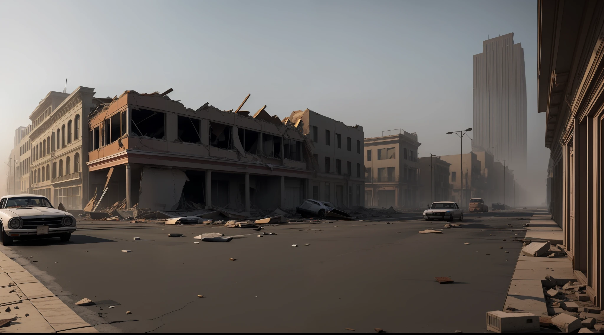 Realistic Los Angeles Collapsed buildings with crumbling buildings and debris-filled streets depicting the aftermath of destruction, cars covered in dust,very foggy weather, Ultra 8k, gray weather, realism, cinematic lighting, volumetric lighting, very detailed, background blur