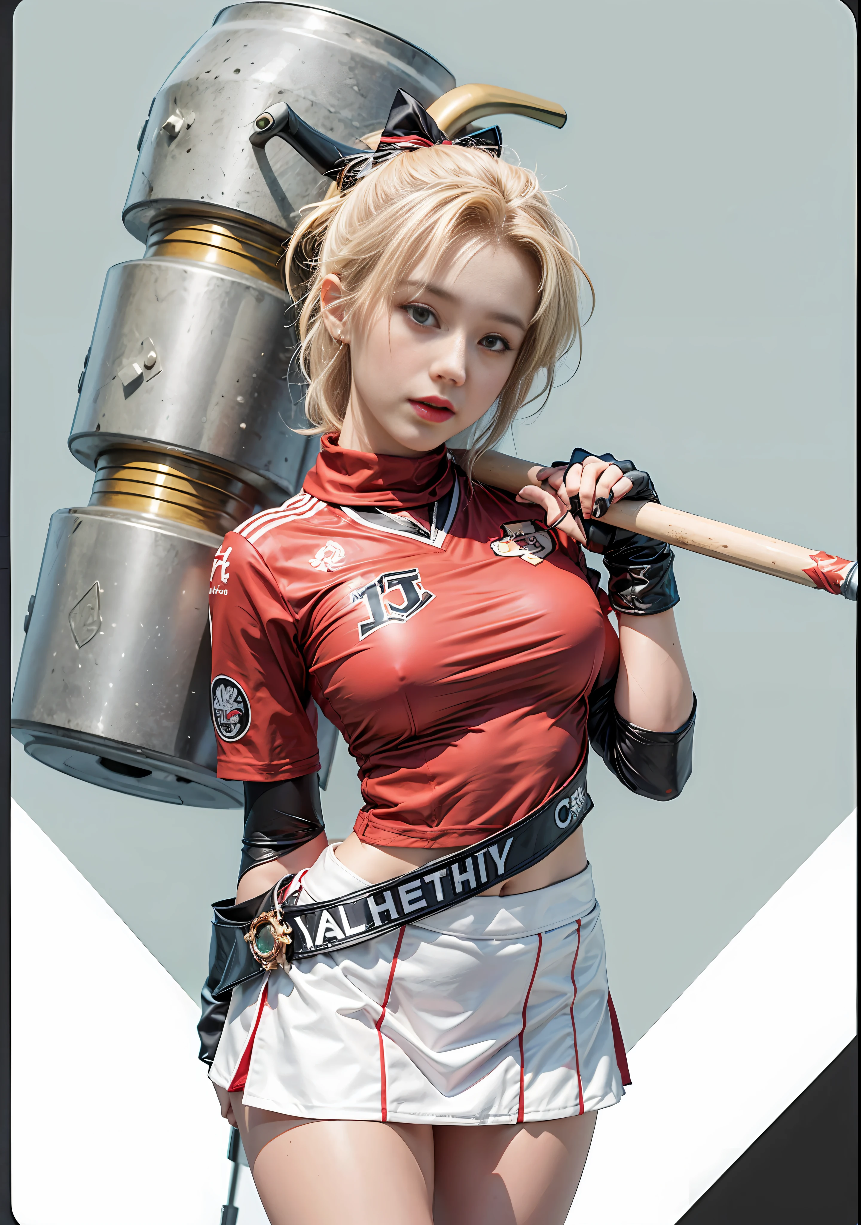 An english girl, girl with a huge sledgehammer resting on her shoulder(((harley queen style)))), female king character, female game protagonist, cosplay character, female protagonist 👀 :8, inspired by harley quinn, rpg character,full hd,uhd,blonde hair, king of king of fighters character, blonde girl,red cheerleader uniform(looks like cheerleader), (white skirt,tight and super short),red scarf tied on the head,realistic huge hammer, girl,stripe on the side of the blouse type baseball uniform,eguio body,showing the belly,short blouse showing the skin,(((mini skirt)))