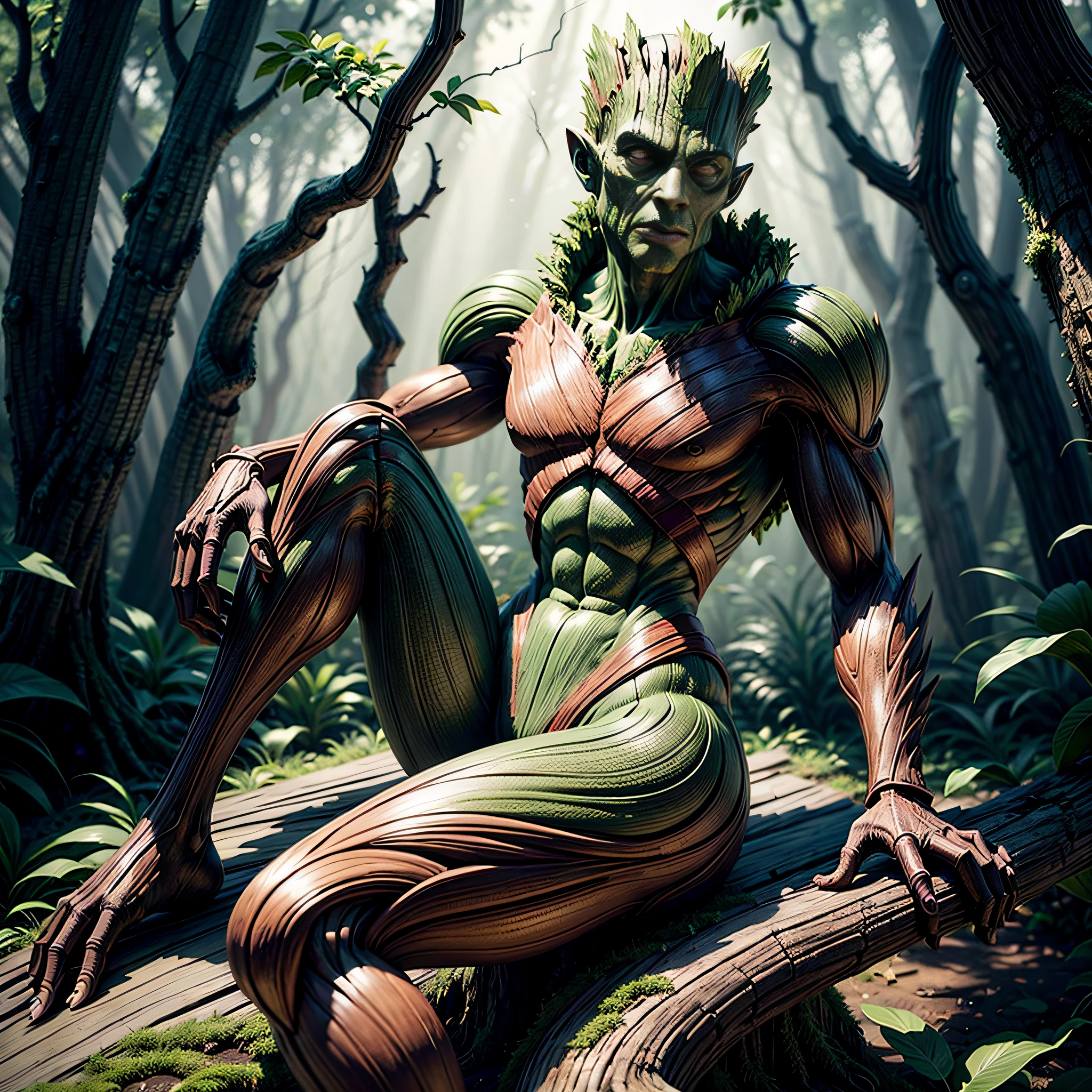 Behold a magnificent sculpture that depicts the tree man, inspired by Groot from Guardians of the Galaxy, seated on the forest floor. His right leg is bent, while his left leg stretches out gracefully. The sculpture beautifully captures the natural texture of his bark-like skin and the intricate details of his branches, showcasing the craftsmanship involved. His eyes possess a serene and contemplative expression, inviting viewers to reflect upon the wisdom of nature. The scene is set amidst a lush forest, with rays of sunlight piercing through the canopy, casting a gentle glow on the sculpture. Sculpture, using bronze and wood,