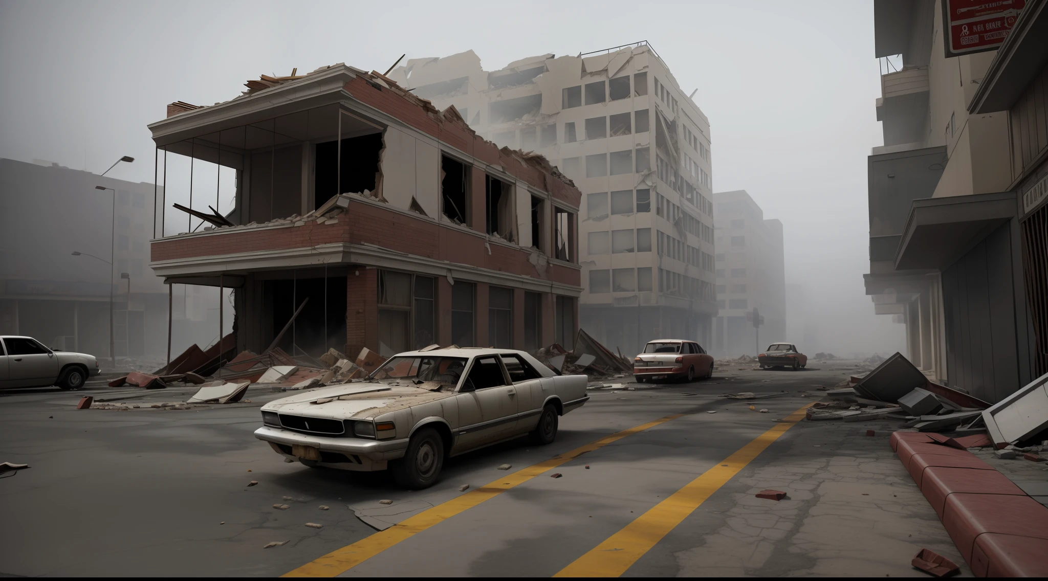 Realistic Los Angeles Collapsed buildings with crumbling buildings and debris-filled streets depicting the aftermath of destruction, cars covered in dust,very foggy weather, Ultra 8k, gray weather, realism, cinematic lighting, volumetric lighting, very detailed, background blur