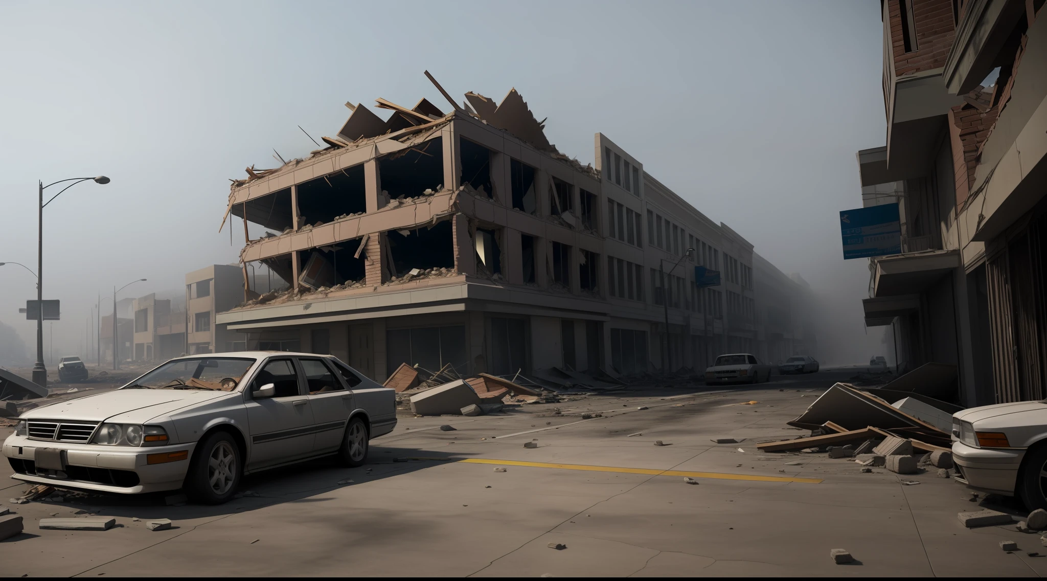 Realistic Los Angeles Collapsed buildings with crumbling buildings and debris-filled streets depicting the aftermath of destruction, cars covered in dust,very foggy weather, Ultra 8k, gray weather, realism, cinematic lighting, volumetric lighting, very detailed, background blur