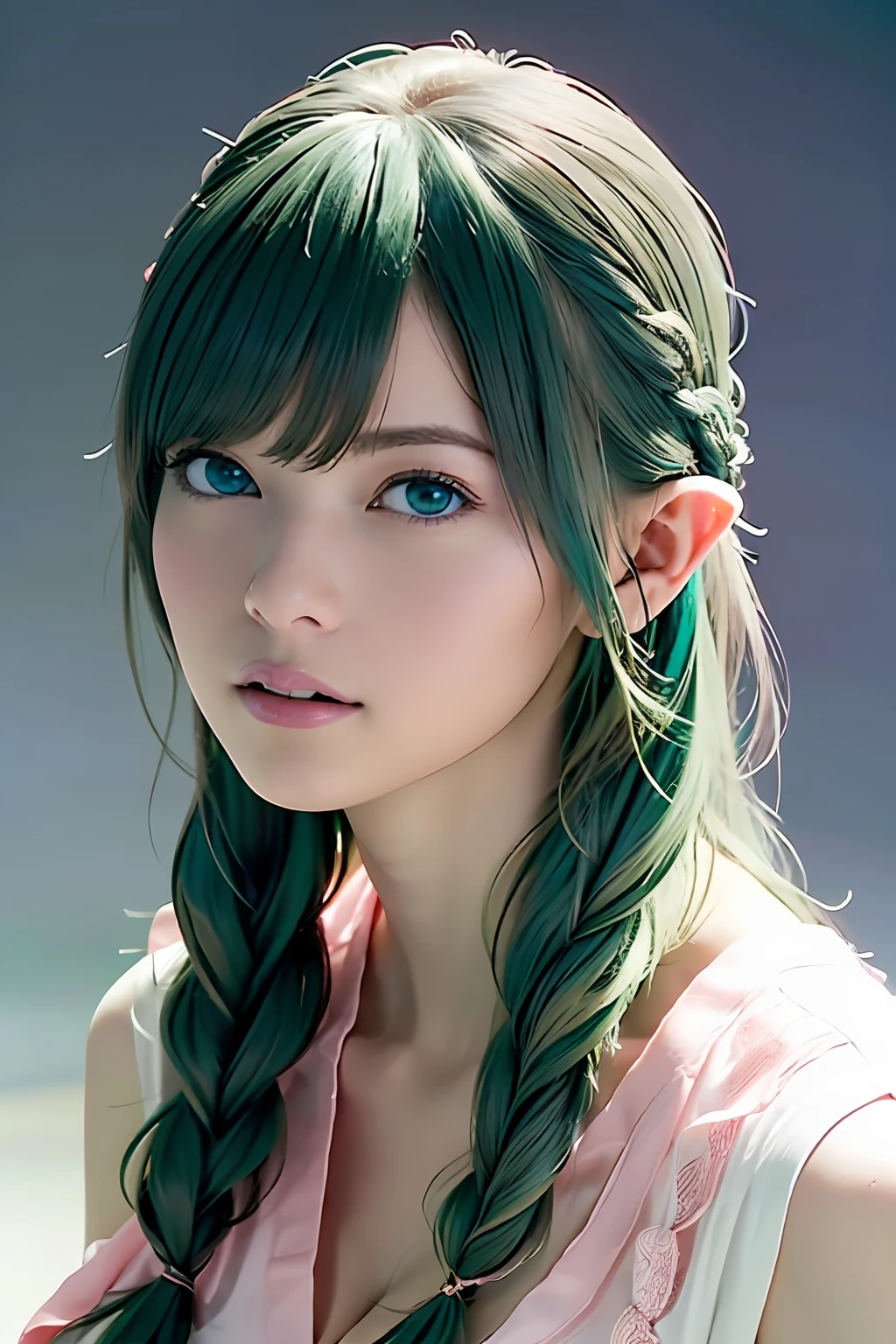 Super detailed complex 3D rendering of face, (big breasts: 8.8), (masterpiece, top quality, octane rendering,), glamour shots full body image, very beautiful young elf, cleavage, (very detailed skin: 1.2), (exposure: 1.1), cute woman getting naked. ((wearing a plummeting open shirt of white silk: 1.9, 40k, (((very soft breasts)), ((conspicuous large pink areola)). Beautiful Caucasian woman with black skin with full soft breasts and black skin of big ass, one, long braided hair, big breasts, dynamic angle, mystical expression, ultra-realistic photo, (((portrait)))), bare feet, futuristic city background, facial muscles, detailed and beautiful gold crown, in the style of Marvel Comics, ArtStation trends, clear focus, studio photography, Intricate detail, highly detailed, detailed blue eyes, very detailed, sharp focus, digital rendering, professional, abs, dark gray background, ((green hair)), crotch, bare feet, shot with Canon EOS R 6, ((Sexy Pose)))),