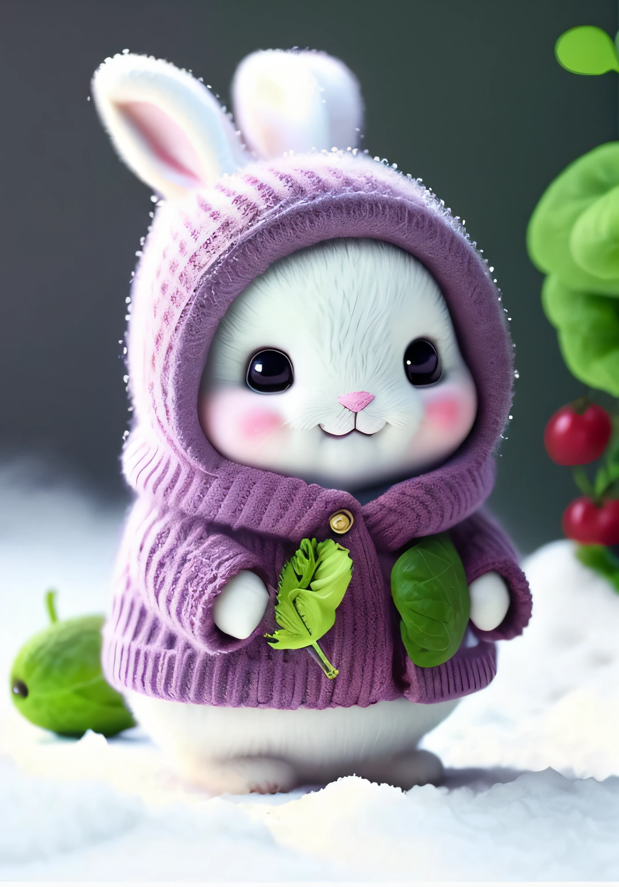 A fluffy bunny, dark circles, cucumber, food, vegetables whole body, hat, shoes, non-human, lettuce, snow