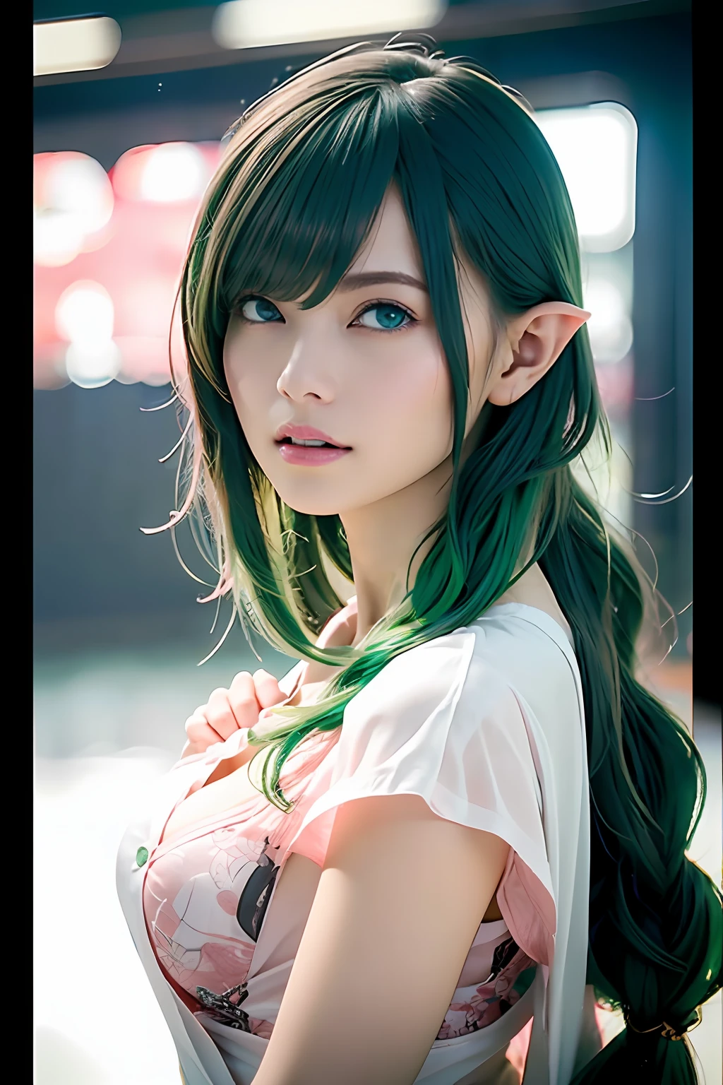 Super detailed complex 3D rendering of face, (big breasts: 8.8), (masterpiece, top quality, octane rendering,), glamour shots full body image, very beautiful young elf, cleavage, (very detailed skin: 1.2), (exposure: 1.1), cute woman getting naked. ((wearing a plummeting open shirt of white silk: 1.9, 40k, (((very soft breasts)), ((conspicuous large pink areola)). Beautiful Caucasian woman with black skin with full soft breasts and black skin of big ass, one, long braided hair, big breasts, dynamic angle, mystical expression, ultra-realistic photo, (((portrait)))), bare feet, futuristic city background, facial muscles, detailed and beautiful gold crown, in the style of Marvel Comics, ArtStation trends, clear focus, studio photography, Intricate detail, highly detailed, detailed blue eyes, very detailed, sharp focus, digital rendering, professional, abs, dark gray background, ((green hair)), crotch, bare feet, shot with Canon EOS R 6, ((Sexy Pose)))),