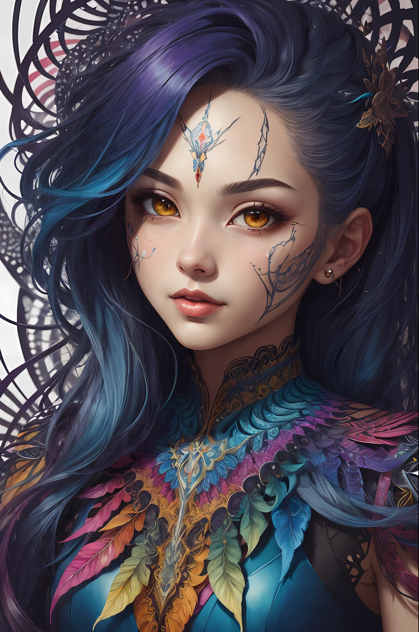 (masterpiece, top quality, best quality, official art, beautiful and aesthetic:1.2), (1girl:1.3), extremely detailed,(fractal art:1.2),colorful,highest detailed,(zentangle:1.2), (dynamic pose), (abstract background:1.5), (treditional dress:1.2), (shiny skin), (many colors:1.4), upper body, masterpiece, best quality,high quality,highres, 16K,RAW,ultra highres,ultra details,finely detail,an extremely delicate and beautiful,extremely detailed,real shadow, anime,highly detailed painted,award winning glamour paintting,wonderful paintting,art style,stylized,