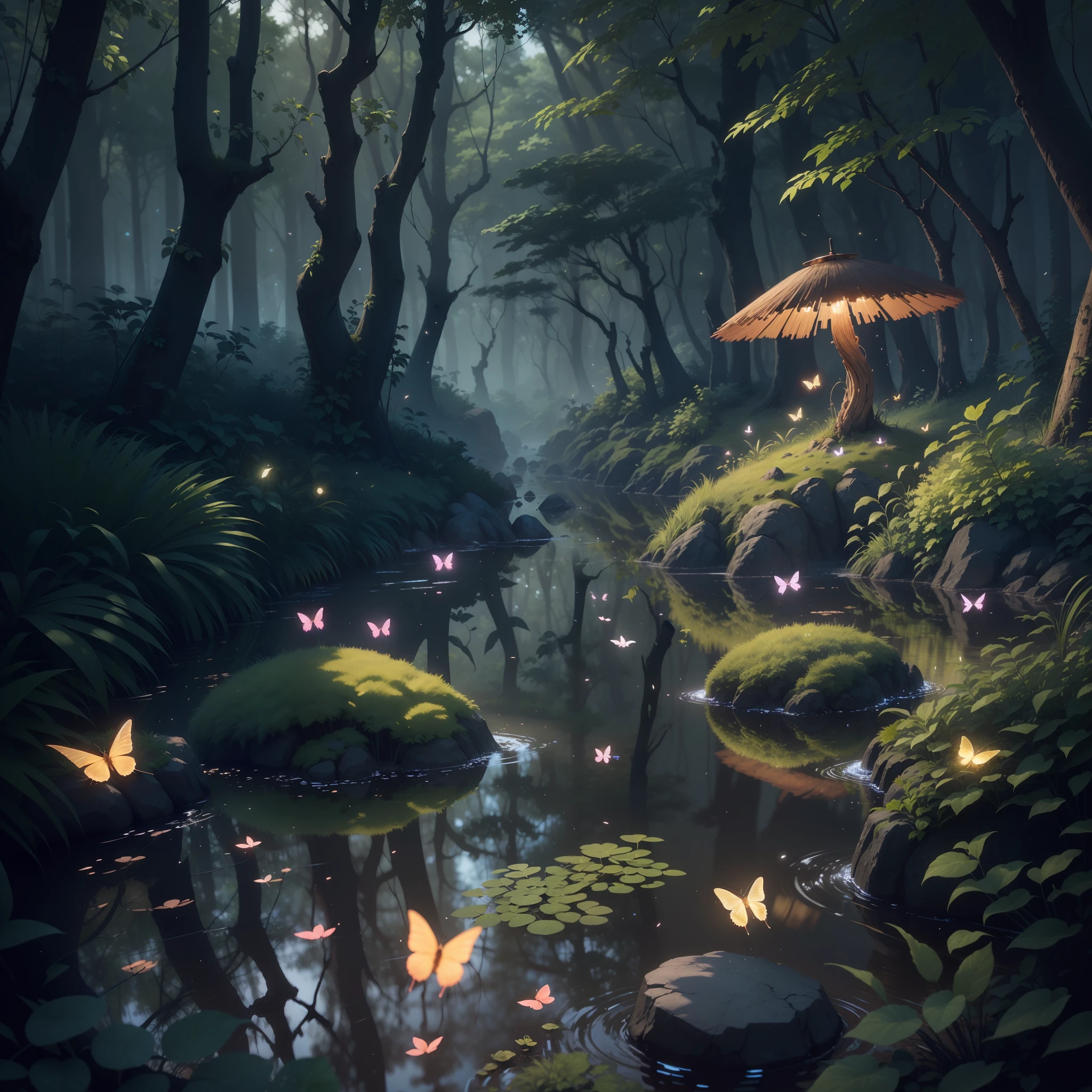 A masterpiece, the best quality, impressive reflections, the best reflections of all time. (very detailed 8k CG unit wallpapers), (better quality), (best illustrations), (best shadows), forest theme with natural elements. Tall trees, quiet streams, small bright mushrooms surrounded by delicate leaves and branches, with fireflies and bright particle effects, (natural elements), (jungle theme), (leaves), (branches), (fireflies), butterflies, (delicate leaves), (brightness), (particle effects). , isometric 3D, octane rendering, ray tracing, super detailed. Strong lamp on a rock in the middle of the lake. insects flying around her.