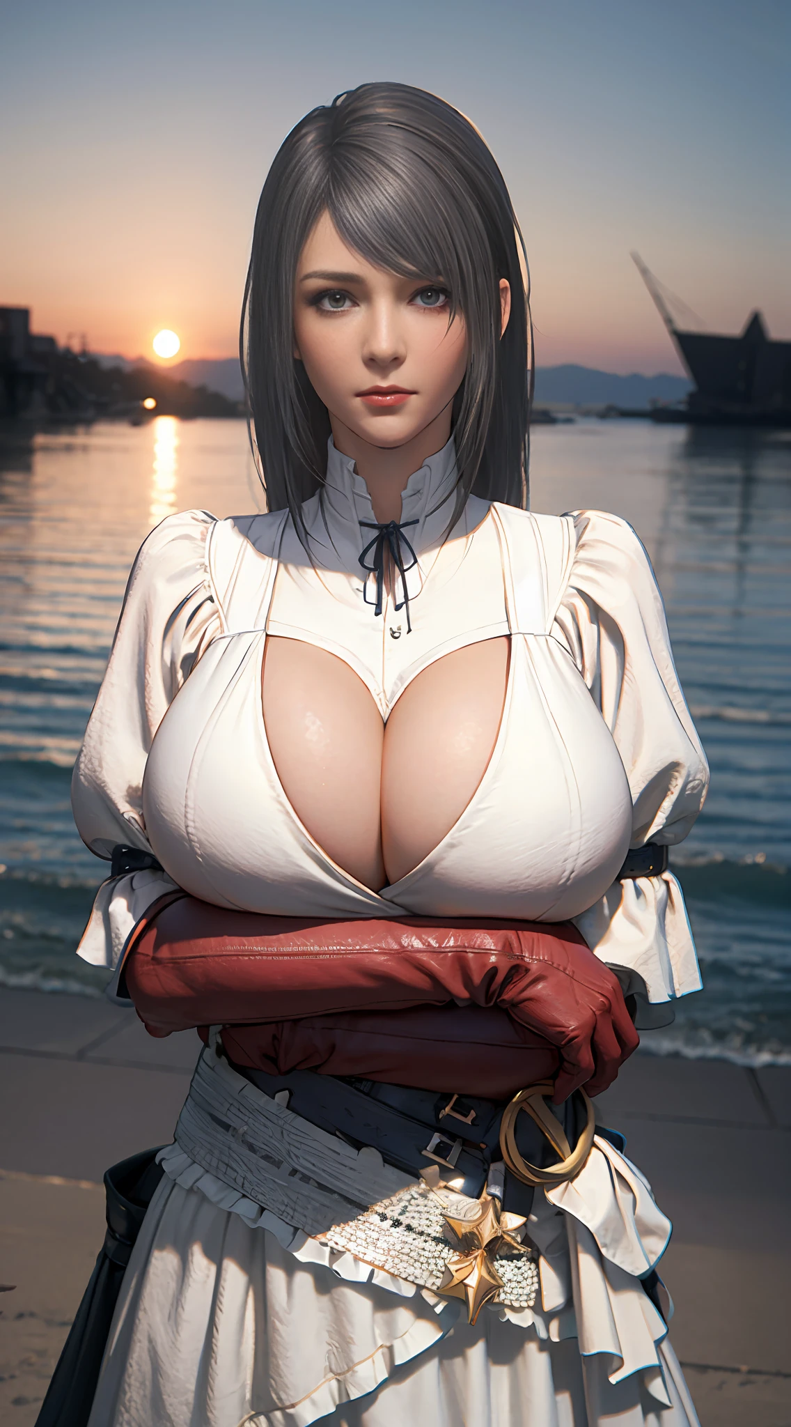 Jill warrick, jill_warrick, ff16, sultry face, (black long hair), hair bangs (red eyes:1.3) long eyelashes, beautiful red eyes with brightness, surrealism, shadow, stereogram, (photorealistic, realistic: 1.2), POV, atmospheric perspective, cinematic lighting, ray tracing, 8k, super detail, best quality, masterpiece, well detailed, (Canan EOS R6, 135mm, 1/1250s, f/2.8, ISO 400:0.9), on a beach, sunset sky, red combat gloves, big breasts, slim, large boobs, huge boobs, (((ridiculously large breasts))), (absurdly huge breasts:1.5), ((gigantomastia)), ((macromastia)), (((gigantic breasts))), (((((enormous breast))))), white bikini