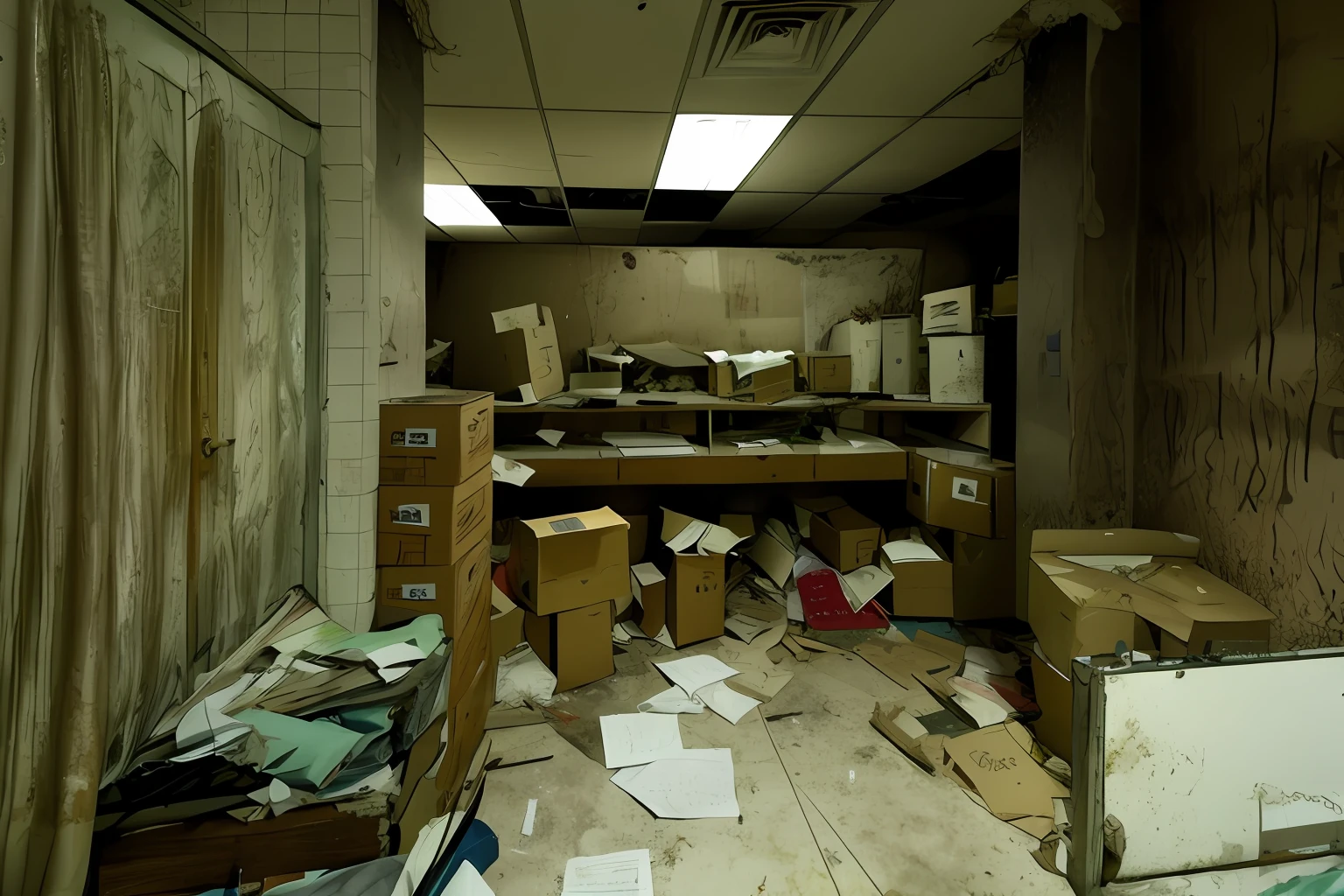there is a room with a lot of boxes and papers on the floor, in an abandoned office building, backrooms abandoned mall, abandoned laboratory, inside a decayed operating room, inside a decayed surgical room, haunted liminal abandoned room, abandoned hospital room, creepy backrooms, urban exploration, interior abandoned hospital, rundown new york apartment