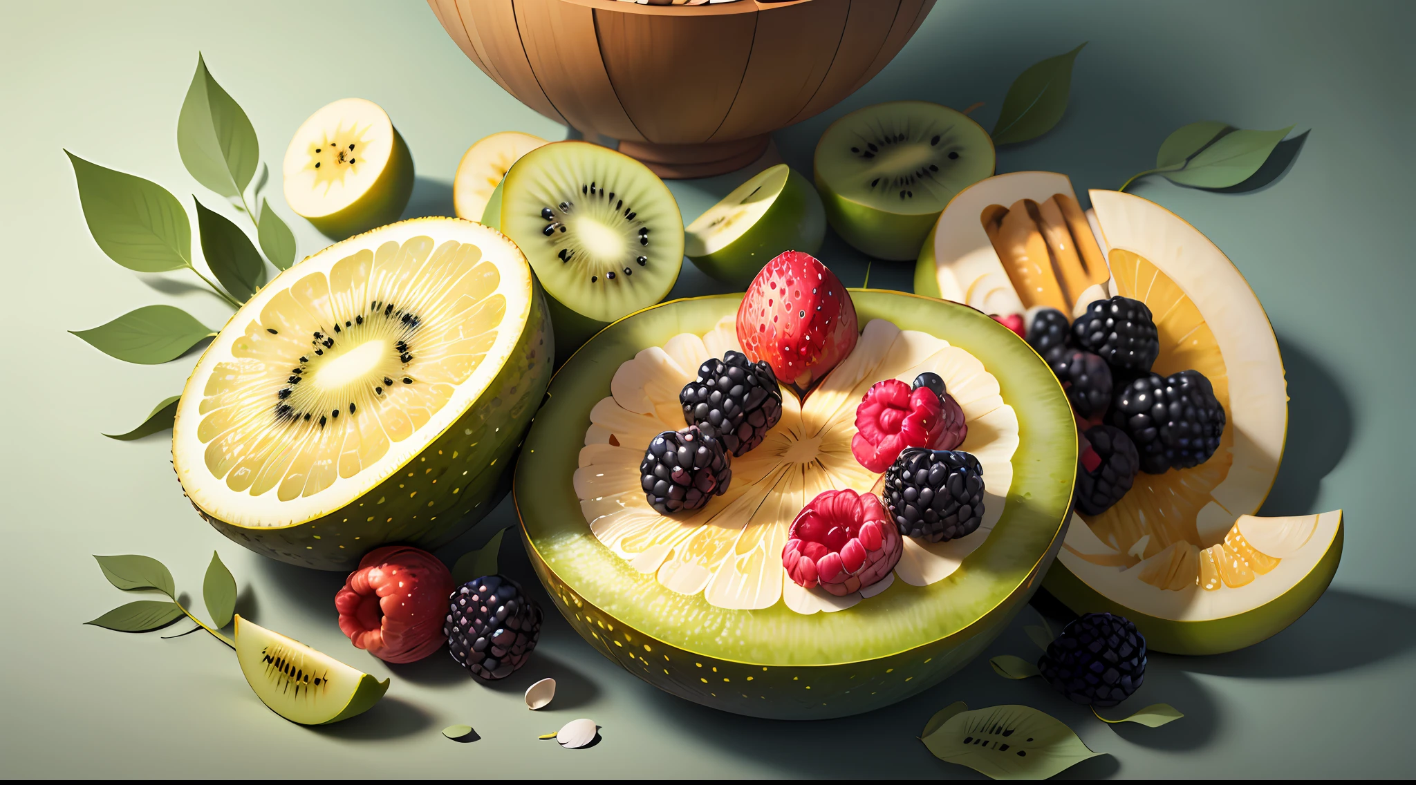(((masterpiece)))), bestquality, illustration, beautifuldetailedglow, paper_cut, wallpaper,fruit,banana.kiwi,maga ,blackberry