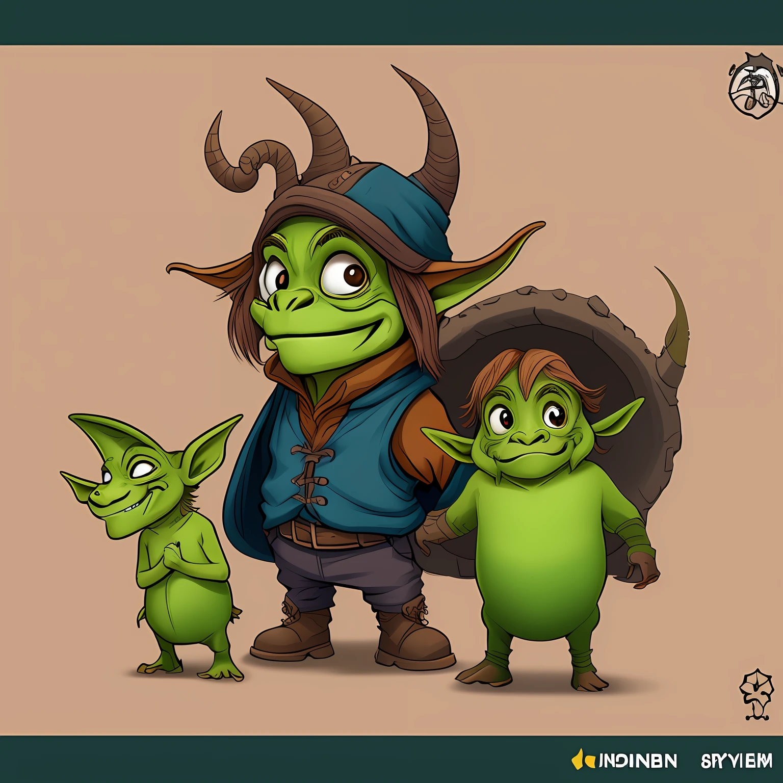 Happy goblin character in the cartoon style of the 70s