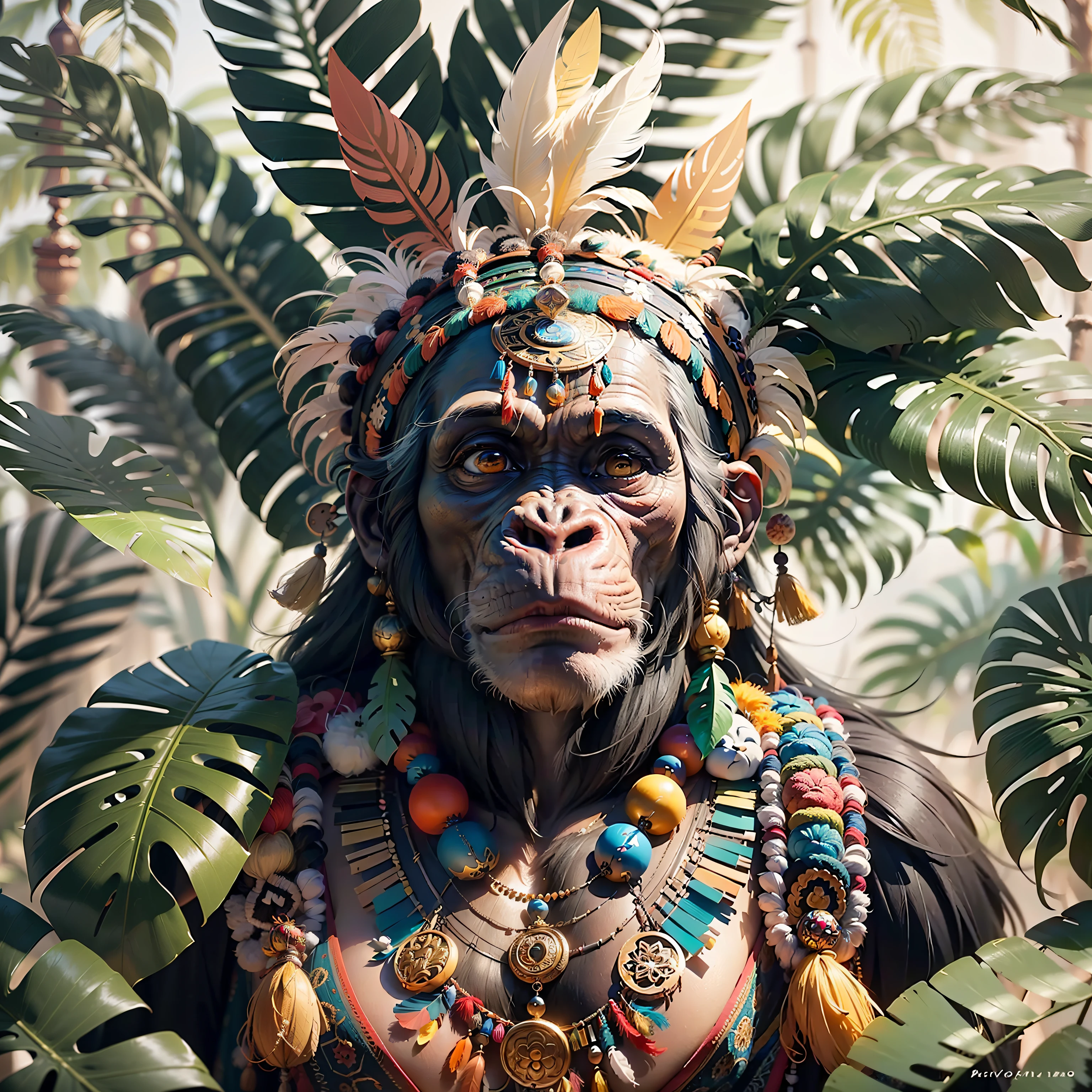 Chimpanzee Head ((Shaman)),,((meditative state),,Shaman, elegant chimpanzee, hair with details, with Indian headdress on head, ((meditating)) many colorful feathers, colorful feathers, facing the camera, detail: dense tropical foliage, highly detailed intricate, ((masterpiece)), ultra hyperrealistic, masterpiece