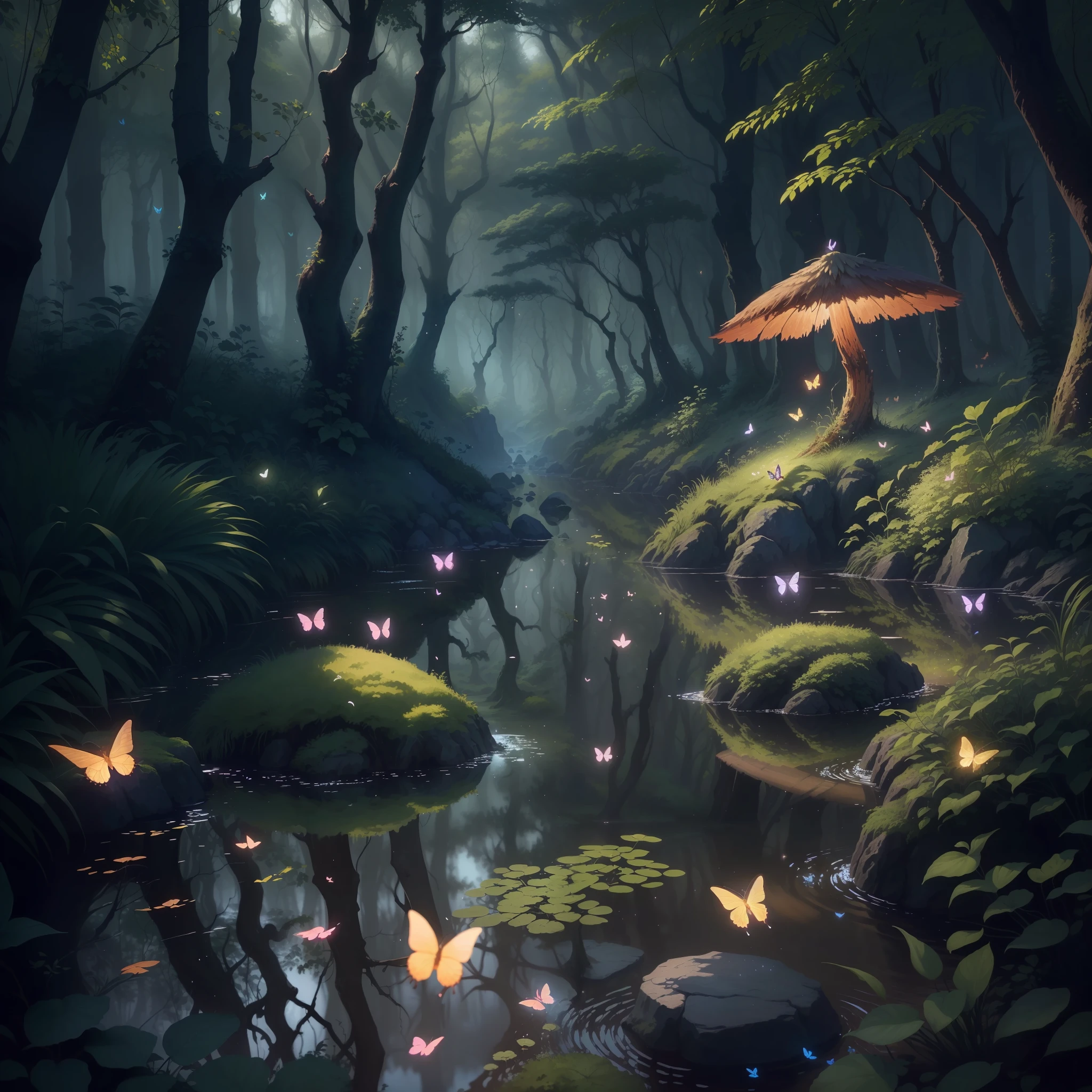 there are many butterflies flying around a stream in the woods, fantasy forest landscape, magical fantasy forest, magical environment, beautiful render of a fairytale, mystical forest lagoon, magical forest backround, fantasy forest environment, anime lush john 8k woods, fairytale forest, fantasy forest, magical forest, realistic fantasy illustration, fantasy forest background, detailed painting 4 k