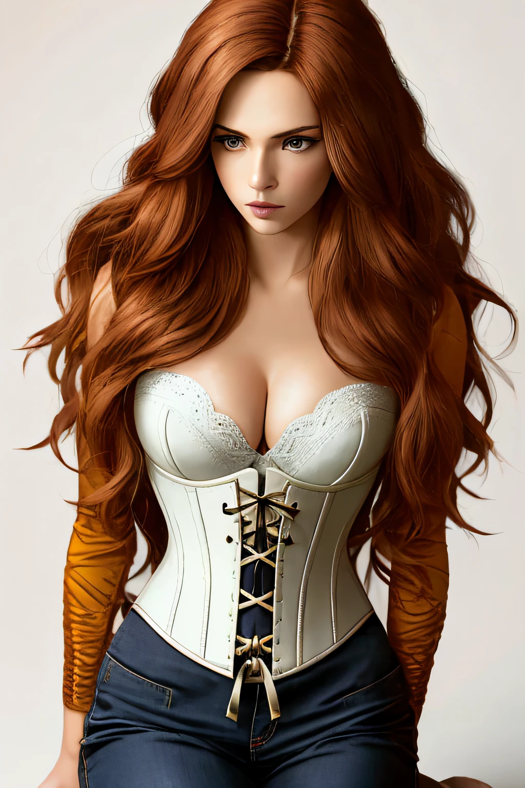 corset, cleavage, 1girl, supermodel, woman, breasts, auburn long hair, masterpiece, best quality, shoes, full body, white background, studio, looking away