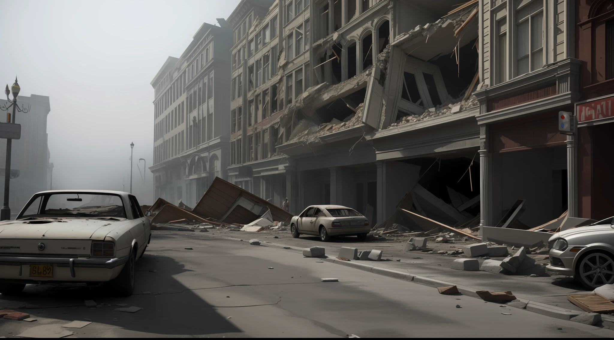 Realistic Hollywood Collapsed buildings with crumbling buildings and debris-filled streets depicting the aftermath of destruction, cars covered in dust,very foggy weather, Ultra 8k, gray weather, realism, cinematic lighting, volumetric lighting, very detailed, background blur