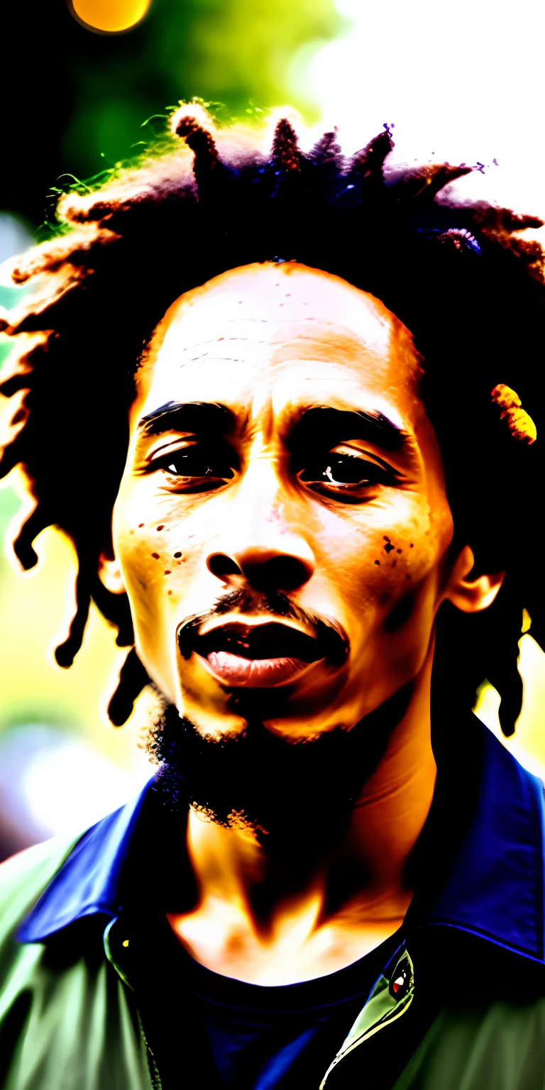 portrait of modern bob marley, cinematic lighting, flowery bokeh depth of field, realism, photorealistic, hyperrealism, professional photography, uhd, dslr, hdr