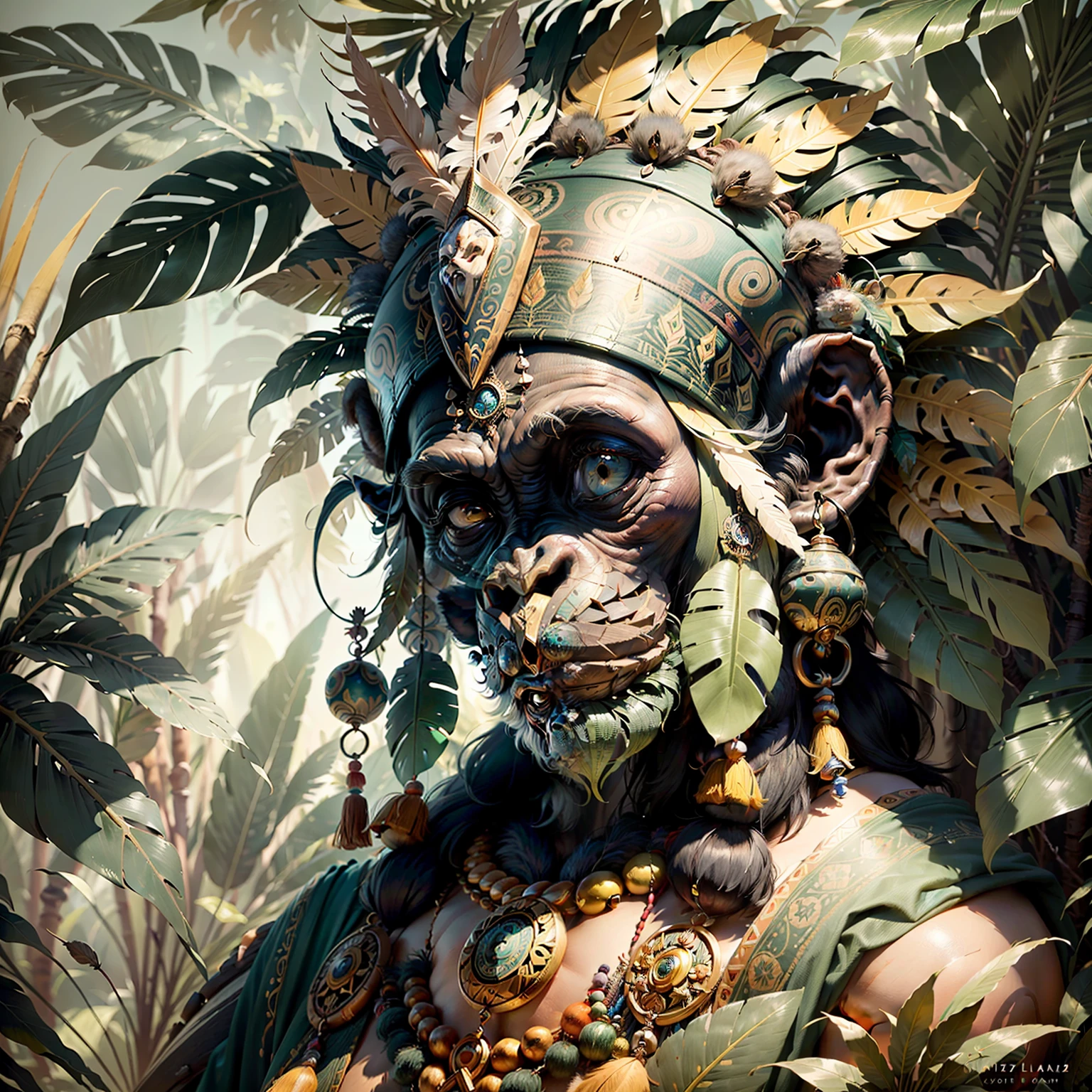 Chimpanzee Head ((Shaman)),,((meditative state),,Shaman, elegant chimpanzee, hair with details, with Indian headdress on head, ((meditating)) many colorful feathers, colorful feathers, facing the camera, detail: dense tropical foliage, highly detailed intricate, ((masterpiece)), ultra hyperrealistic, masterpiece