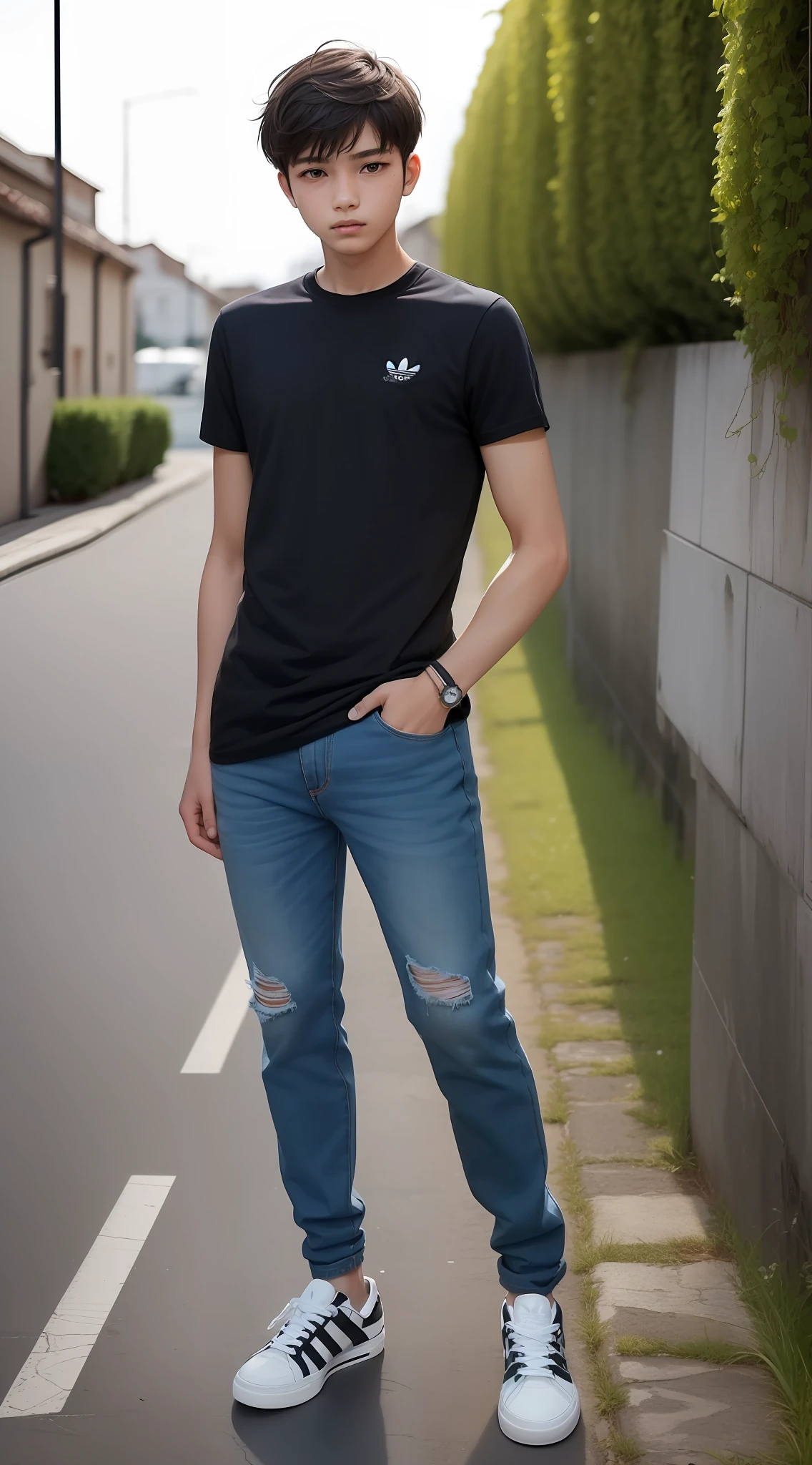 Boy 17 years old, hair, black, calm appearance, thin, black shirt, jeans, Adidas sneakers. Relaista, cinematic, best resolution