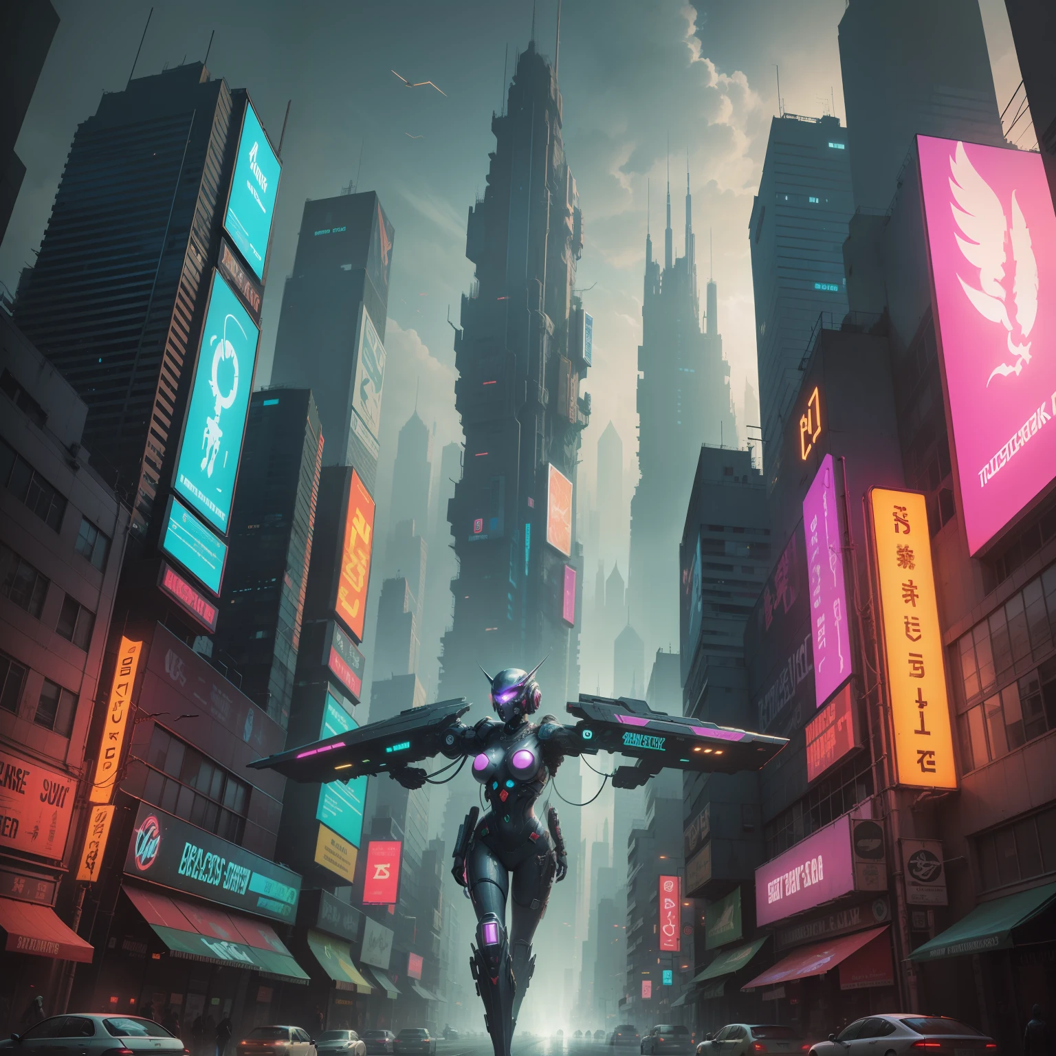 Cyberpunk Painting: futuristic city, flying cars, vibrant neon, holographic posters, interactive holograms, decaying buildings, dystopian atmosphere.