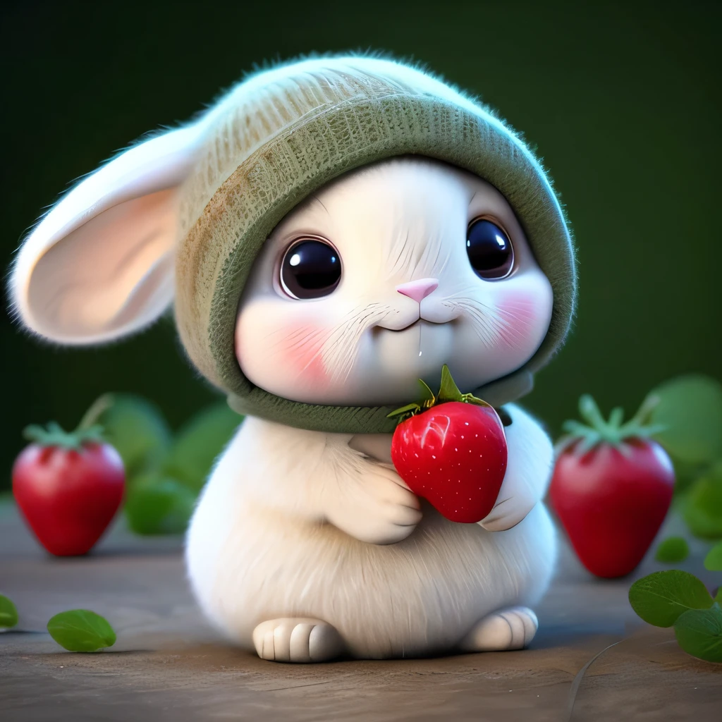 : 3. Rabbit, realistic, hairy, clothed animal, apple, dark circles, blush, cherry, food, fruit, full body, hat, non-human, strawberry, tomato, watermelon