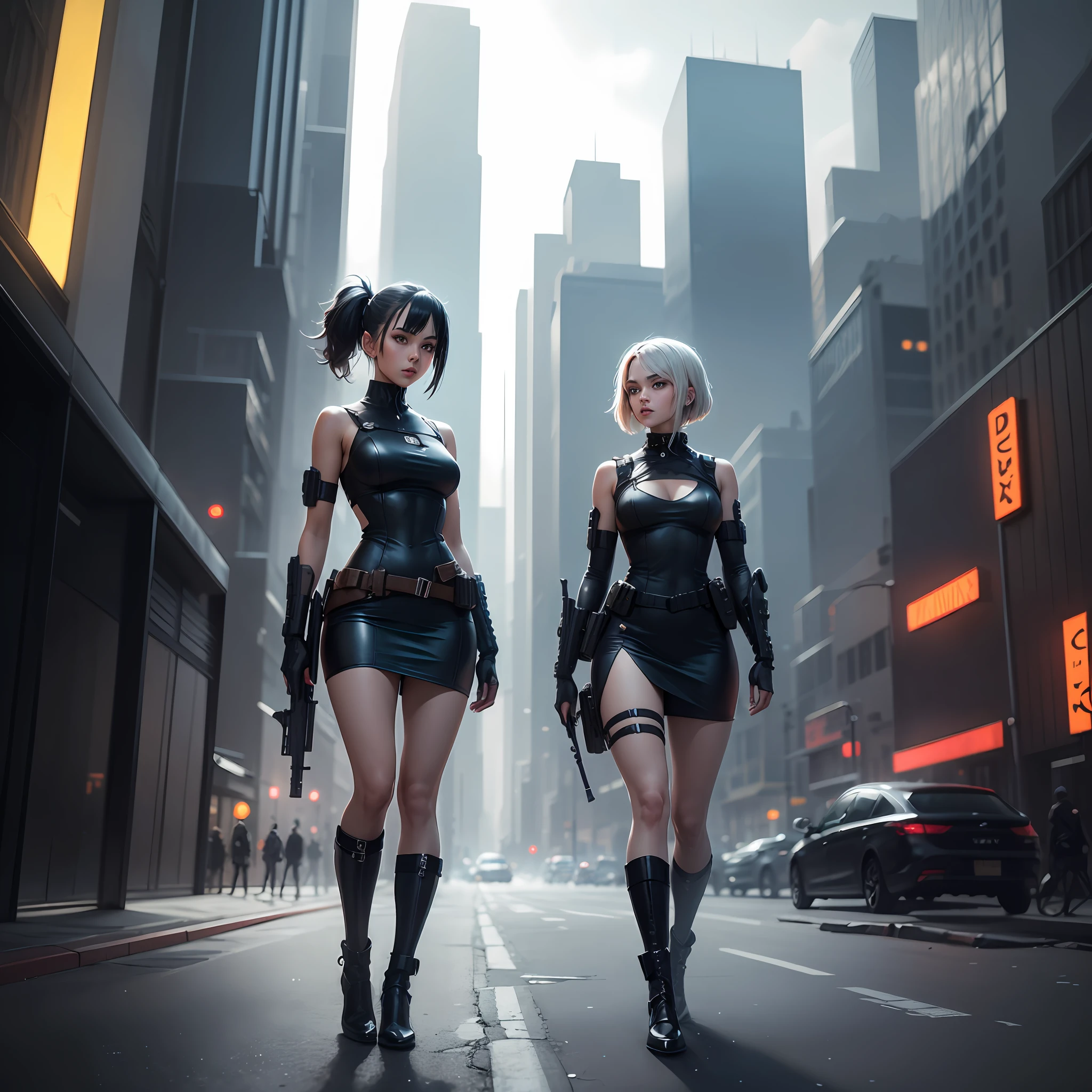 1 cyberpunk girl, black dress, black boots, rifle in right hand, full body, futuristic city background, perfect lights, perfect shadows, masamune shirow style, intricate, 4k rendering