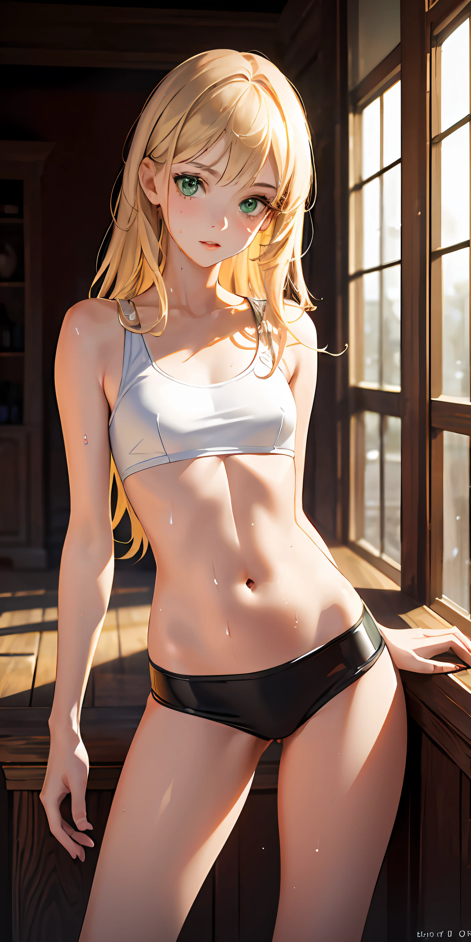Masterpiece, ultra-realistic image quality, best quality, realistic, hyper-detailed, dynamic lighting, high resolution, sharp focus, depth of field, fine details, high detail, high-quality shadows, beautiful details, ultra HD rendering, accurate, textured skin, high detail, high quality, very detailed, high resolution, 8k, photo, photography, real person, a very young girl, (about :1.25), cute, cute teen tomboy, slim,t body, belly button, cute-elegant pose, slightly twisted, (shiny, sweaty skin: 1.4), slim, looking at the viewer, off-the-shoulder white top, sleeveless white blouse with bare belly, white sneakers, very short white mini skirt, long hair, blond hair, (green eyes: 0.5), (small flat breasts: 1.5), A-cup, slit in crotch,, wet body, shy face, HD picture quality, realistic image quality, clean face, fair skin, slender legs, realistic face, (perfect face), exquisite face