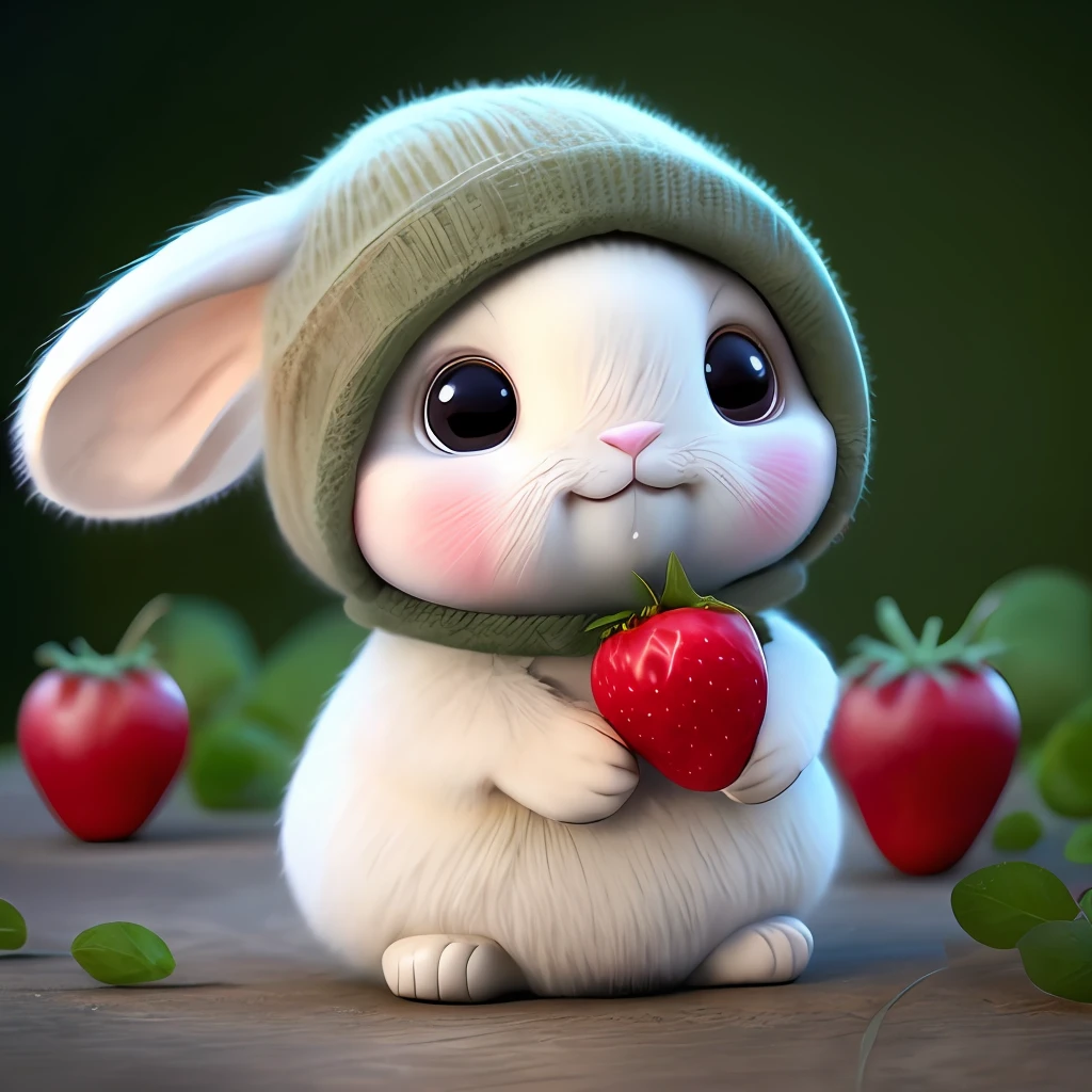 : 3. Rabbit, realistic, hairy, clothed animal, apple, dark circles, blush, cherry, food, fruit, full body, hat, non-human, strawberry, tomato, watermelon