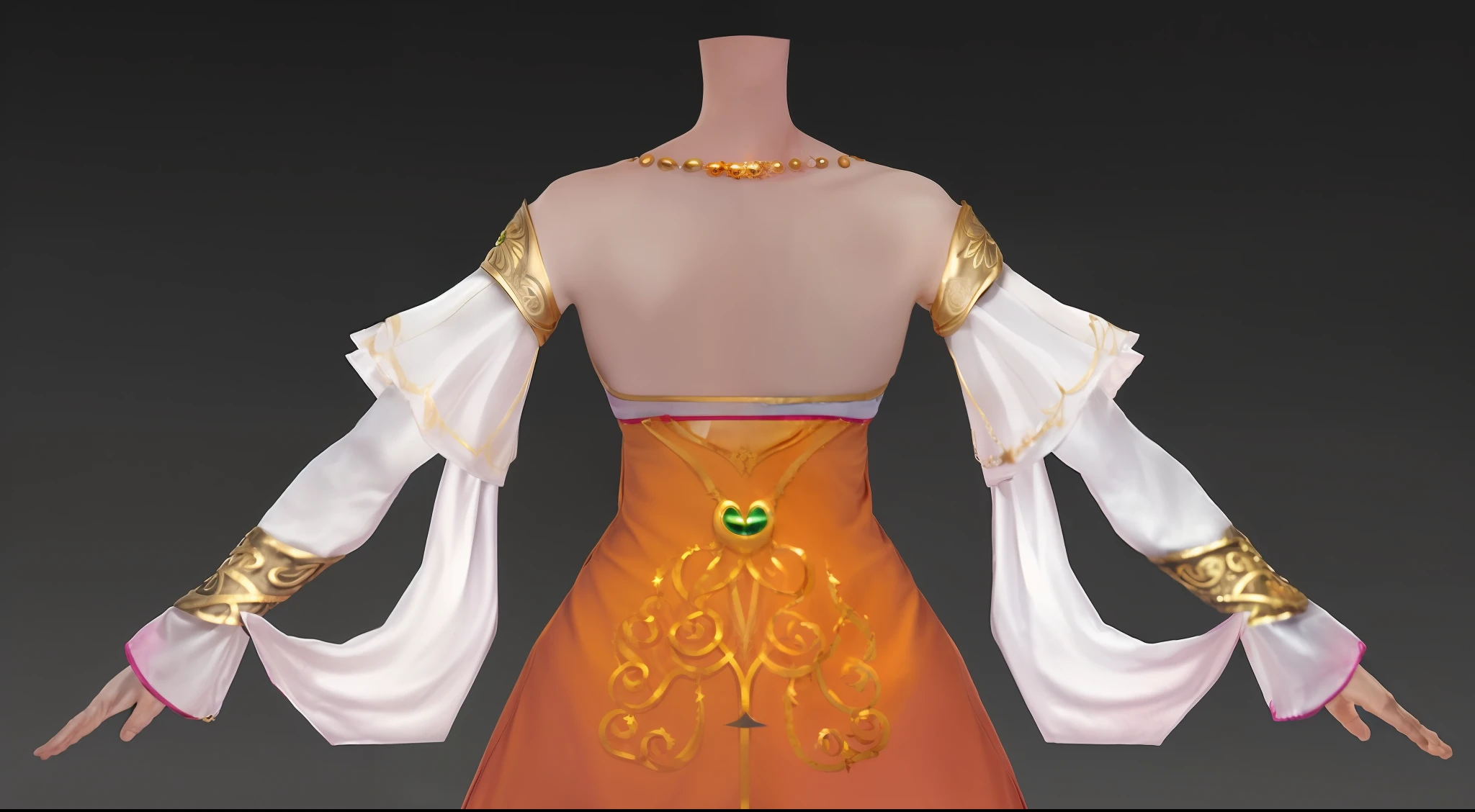 Close-up behind a woman in a dress and a necklace, complex fantasy dress, gorgeous flowing robes, gorgeous flowing robes, gorgeous flowing robes, very detailed and rich costumes, gorgeous dresses, flowing magic robes, toucan-based mage robes, fantasy costumes including upper body, gorgeous costumes, complex costumes, fantasy robes, gorgeous robes, waist - shooting