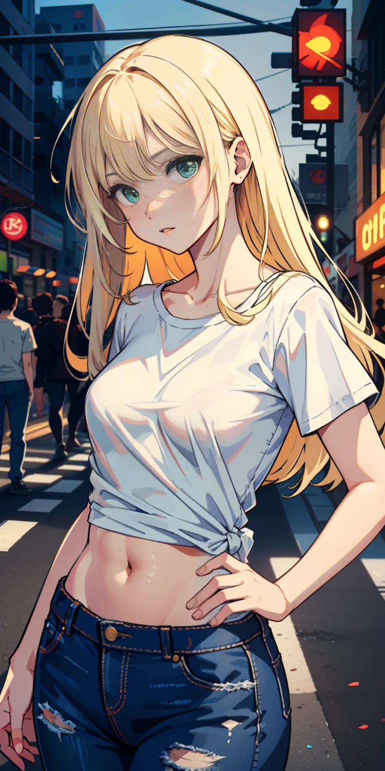 masterpiece, best quality, refined facial features, dynamic pose, nsfw, 1girl, platinum blonde hair, long hair, green eyes, small lively breasts, on the street, night, neon signs, white t-shirt, braless, jeans short, poker face, front view, standing, in the crowd,
