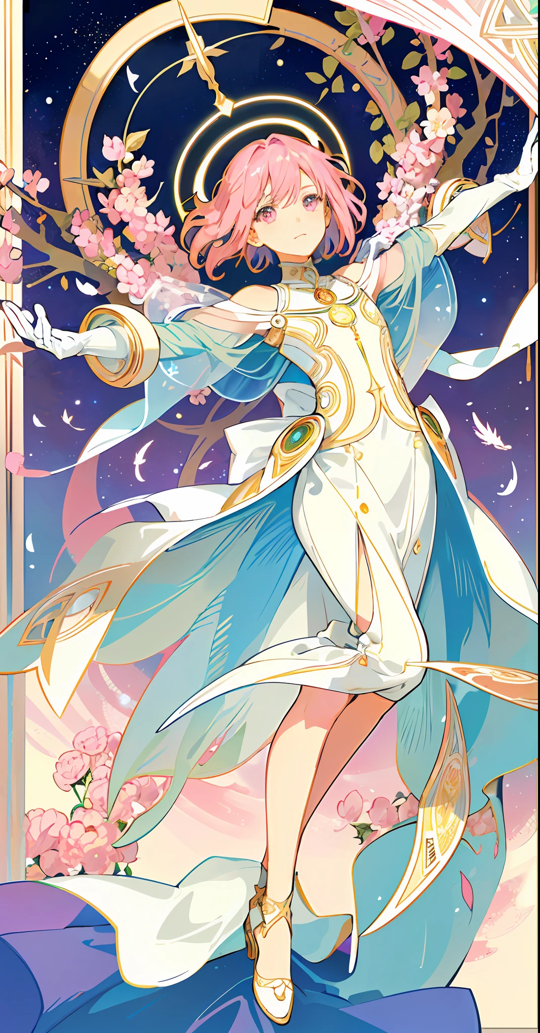 ((masterpiece,best quality)),(1girl, solo:1.4),beautiful detailed eyes, vivid, cinematic light, full_body, pink_flowers, (tarot_card), intricate, detailed background, looking_at_viewer, Madoka Kaname, hands reaching out, (flat chest), (walking), casual pose, posing, (white_gloves), (pink_eyes), white feathers, sparkles, glitter, celestial, outerspace, by alphonse mucha, (gold frame), halo, (tarot border)