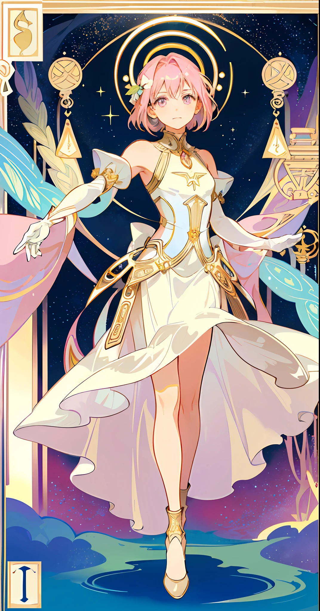 ((masterpiece,best quality)),(1girl, solo:1.4),beautiful detailed eyes, vivid, cinematic light, full_body, pink_flowers, (tarot_card), intricate, detailed background, looking_at_viewer, Madoka Kaname, hands reaching out, (flat chest), (walking), casual pose, posing, (white_gloves), (pink_eyes), white feathers, sparkles, glitter, celestial, outerspace, by alphonse mucha, (gold frame), halo, (tarot border)