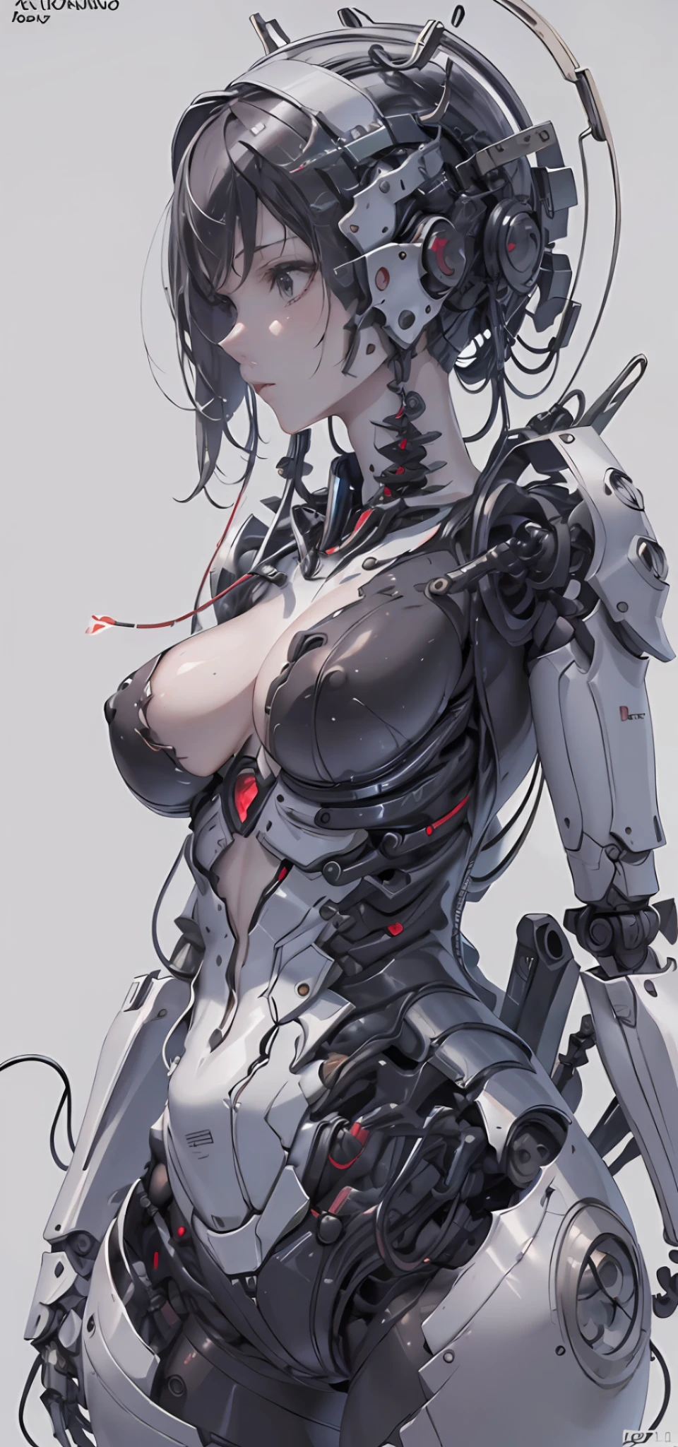 (Masterpiece, top quality, best quality, official art, Beauty and aesthetics: 1.2), (1 girl: 1.3), very detailed, colorful, most detailed ((super detailed)), (highly detailed CG illustration), (very delicate and beautiful), (from the side), cinematic lights, ((1 mechanical girl)), single, full, (machine-made joints: 1.2), ((mechanical limbs)), (many mechanical tentacles), (tied up), (hips), (blood vessels attached to the tube), (mechanical vertebrae attached to the back), (real breasts), (real, (exposed), ((mechanical cervical vertebrae attached to the neck)), (sexy pose), expressionless, (wire and cable attached to the neck: 1.2), (wire and cable attached to the head: 1.2) (character focus), science fiction, white background, (mucus: 1.5)