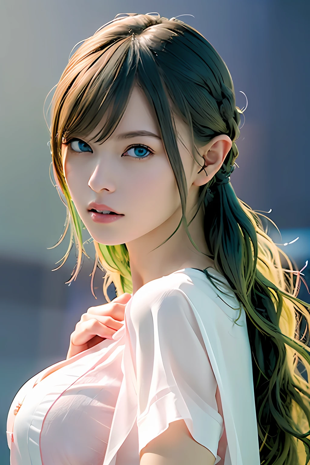 Super detailed complex 3D rendering of face, (big breasts: 8.8), (masterpiece, top quality, octane rendering,), glamour shots full body image, very beautiful young elf, cleavage, (very detailed skin: 1.2), (exposure: 1.1), cute woman getting naked. ((wearing a plummeting open shirt of white silk: 1.9, 40k, (((very soft breasts)), ((conspicuous large pink areola)). Beautiful Caucasian woman with black skin with full soft breasts and black skin of big ass, one, long braided hair, big breasts, dynamic angle, mystical expression, ultra-realistic photo, (((portrait)))), bare feet, futuristic city background, facial muscles, detailed and beautiful gold crown, in the style of Marvel Comics, ArtStation trends, clear focus, studio photography, Intricate detail, Very detailed, Detailed blue eyes, Very detailed, Sharp focus, Digital rendering, Professional, abs, dark gray background, ((yellow-green hair)), crotch, barefoot, shot with Canon EOS R 6, ((Sexy Pose)))), seductive look,