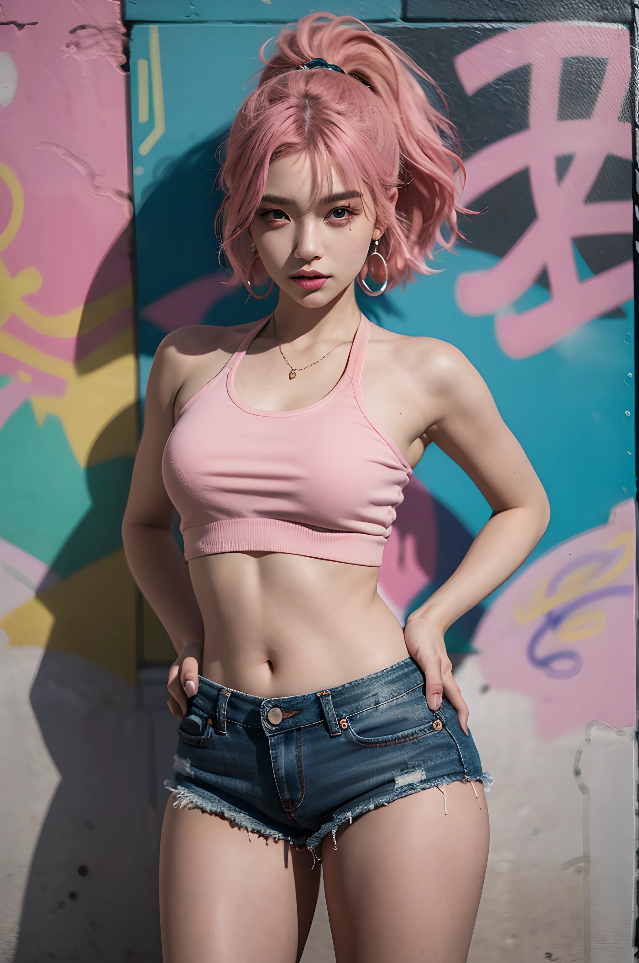 (masterpiece), (portrait), (aesthetic), (beautiful), (upper blody), (high quality), (aesthetic clothings), (professional angle), (rule of thirds), (Feminine), (woman), (female), (beautiful),(feminine features), (21 years), solo, 1 woman, (attractive Korean), Summer, (Paint Mist), (Afternoon), (Vibrant light), ((Expressive Poses)), (Hands on Hips Hands), ((Looking Forward Face)), ((Energetic)), (Bold Make-up), (Petite Bust), (Statement Earrings), ((Short Hair)), (Pink Hair), (Straight Hair), (Ponytail hair), (- in Hair), (Wide Open Eyes), (Brown Eyes), (Confident Look), Fair skin, (Neon Accents Clothing), (Crop Top), (Denim Shorts), (- ), (Halter Neck Neckline), ((Graffiti Wall background)), (Medium Shot Shot), beautiful hands, two hands, normal hands, two arms, complete hands, beautiful body, beautiful fingers, normal fingers, five fingers, five fingers, beautiful ears, normal ears, beautiful eyes, shiny eyes, beautiful mouth, beautiful lips,