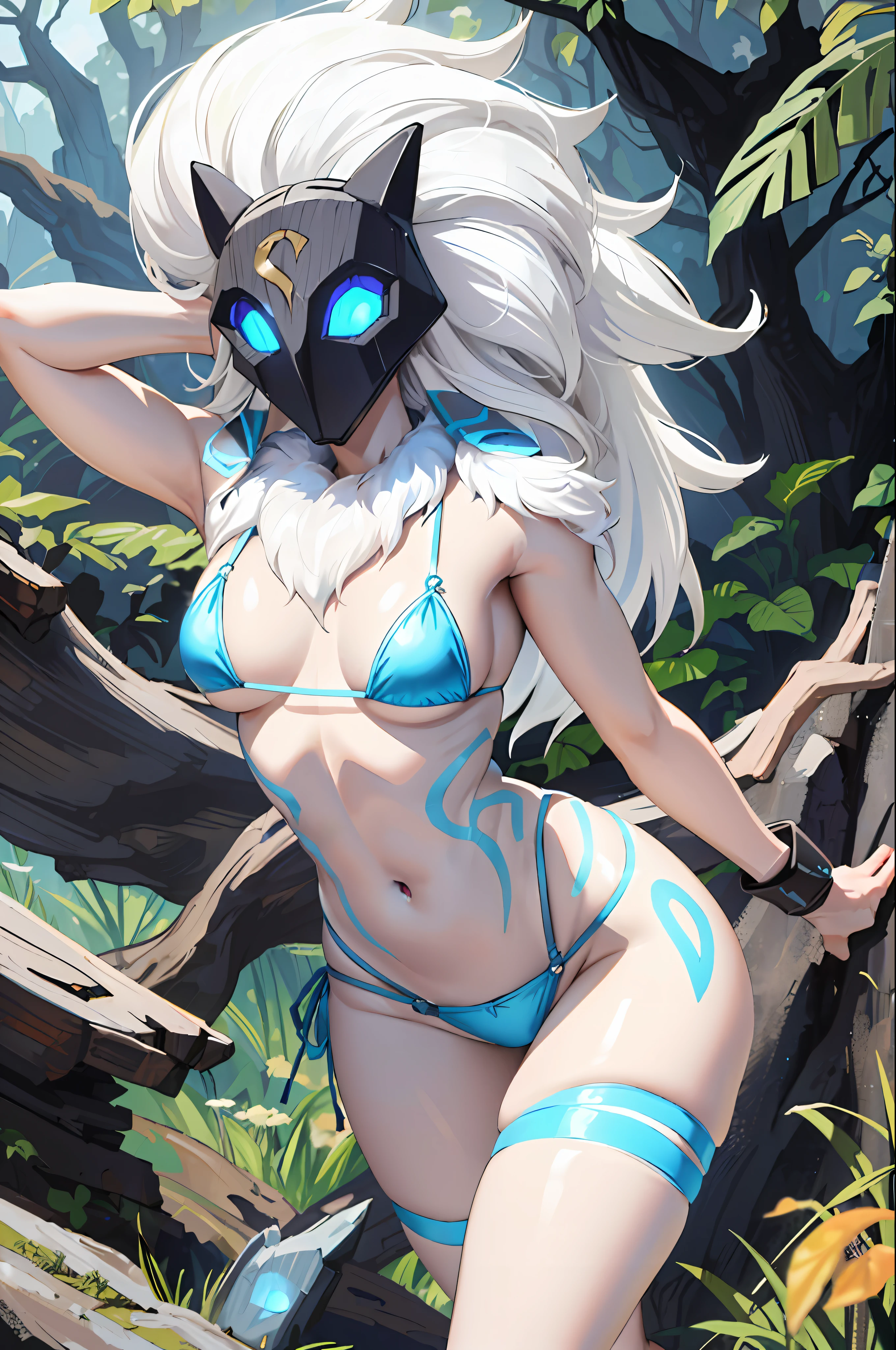 ((Cinematic light, Best quality, 8k, Masterpiece :1.3)), 1girl, Beautiful woman, (white hair, large breasts:1.3), rope panties, bra :1.2, hopefully falling, seductive open lips,1girl, standing, full body, hairy female, body hair, (white hair, white skin:1.1), chest tuft, digitigrade, white hair, long hair, black mask, (blue eyes, bright eyes:1.4),  small breasts, BREAK nature, jungle, magical forest, fantasy forest, grass, purple leaves, plants, bright flowers, rocks, day, sexy, showing off, showing armpits, ((nsfw)), ((sexual teasing)), ((((golden micro-bikini))), (((mask covering part of the face))), ((thin waist)), skinny,